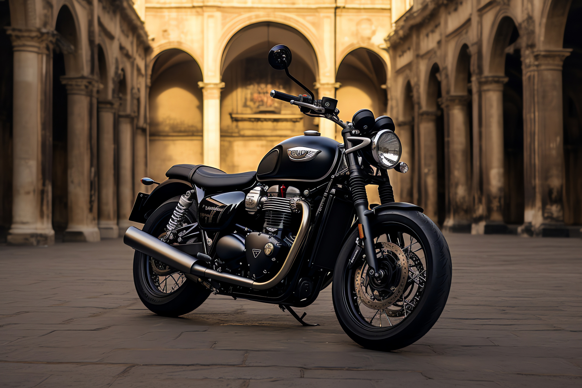 Classic British Bonneville, Triumph T100 Black in Rome, historical sites, iconic motorcycle, urban exploration, HD Desktop Wallpaper