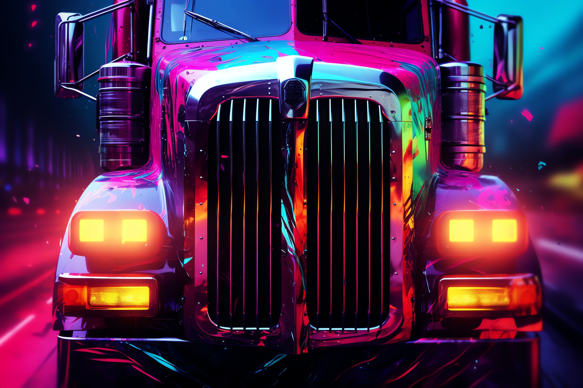 Peterbilt badge art, Cyberpunk theme, Neon glow, Trucking company symbol, Electric hues, HD Desktop Image