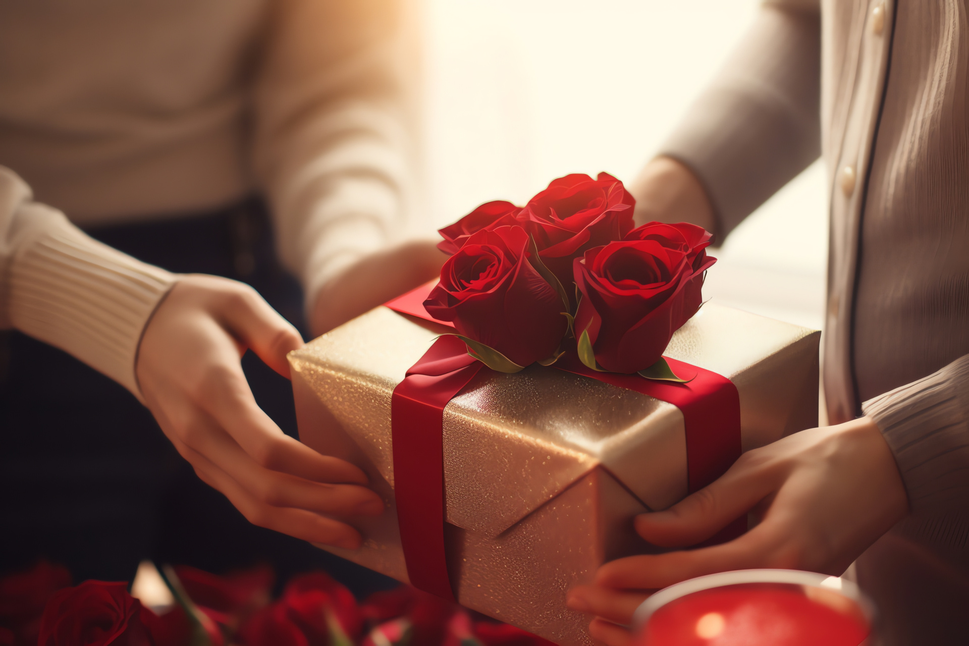 Valentine exchange, Romantic partners, Gift-wrapped surprise, Scarlet ribbon, Rose bouquet, HD Desktop Wallpaper