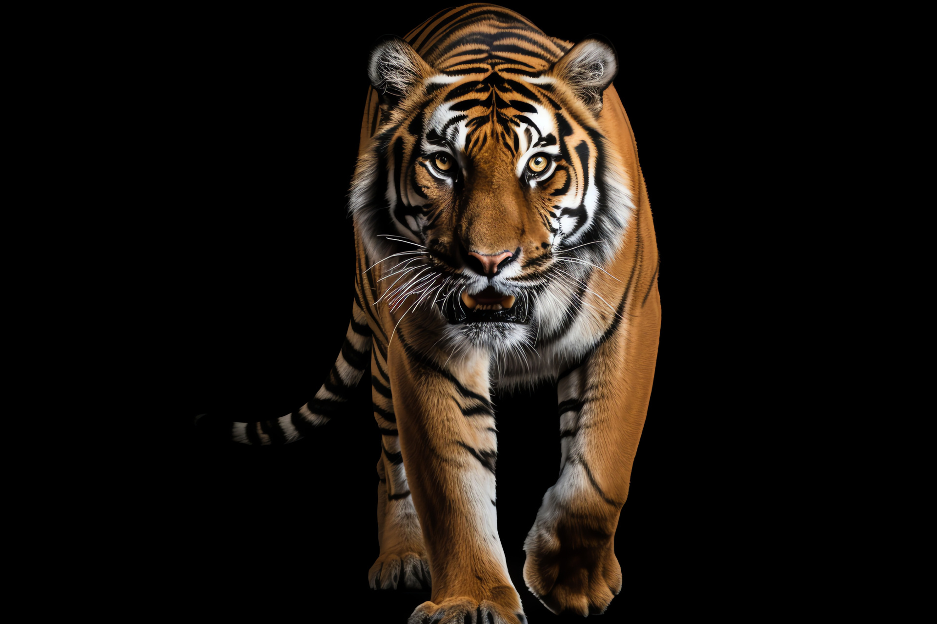 Tiger Prowess, Penetrating gaze, Sable abyss, Brilliant canines, Sumptuous mane, HD Desktop Image