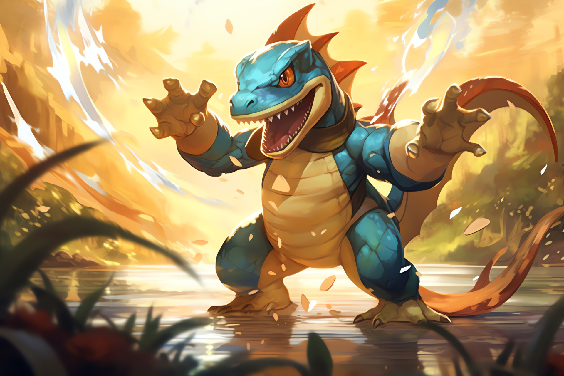 Determined Totodile stance, Pokmon battle dance, Intense combative look, Dynamic pose, Gaming action scene, HD Desktop Wallpaper