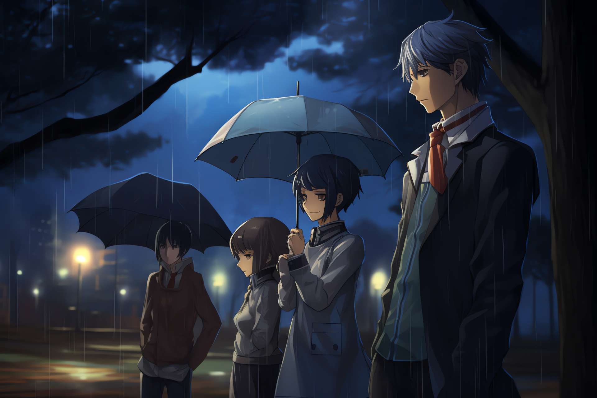 Persona 1 story, Aoba Park locale, rainy evening mood, main character insight, friends group dynamic, HD Desktop Image