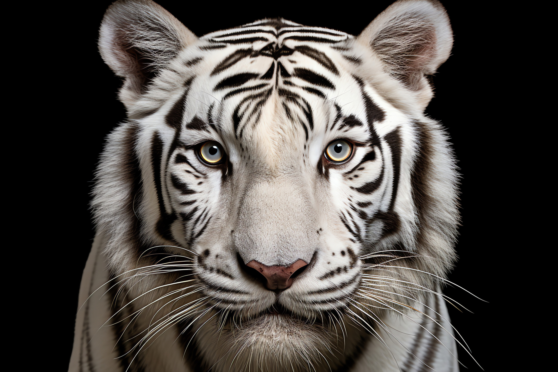 Bengal Tiger portrait, enigmatic eyes, two-tone fur blend, monochromatic setting, forceful aura, HD Desktop Image