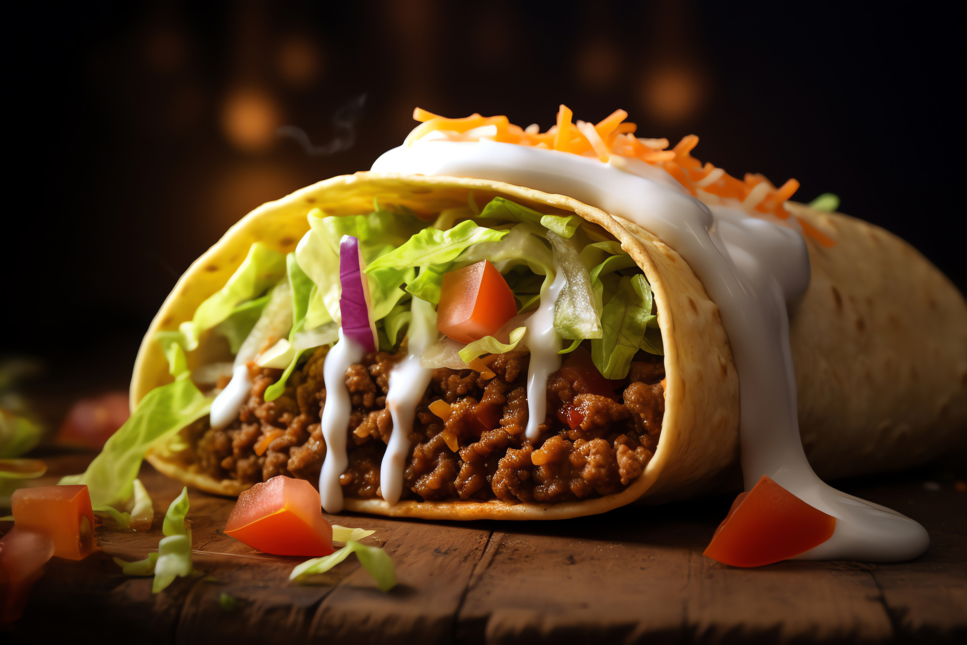 Crunchy shell taco, Spiced beef filling, Fresh lettuce topping, Shredded cheese garnish, Mexican dish, HD Desktop Image