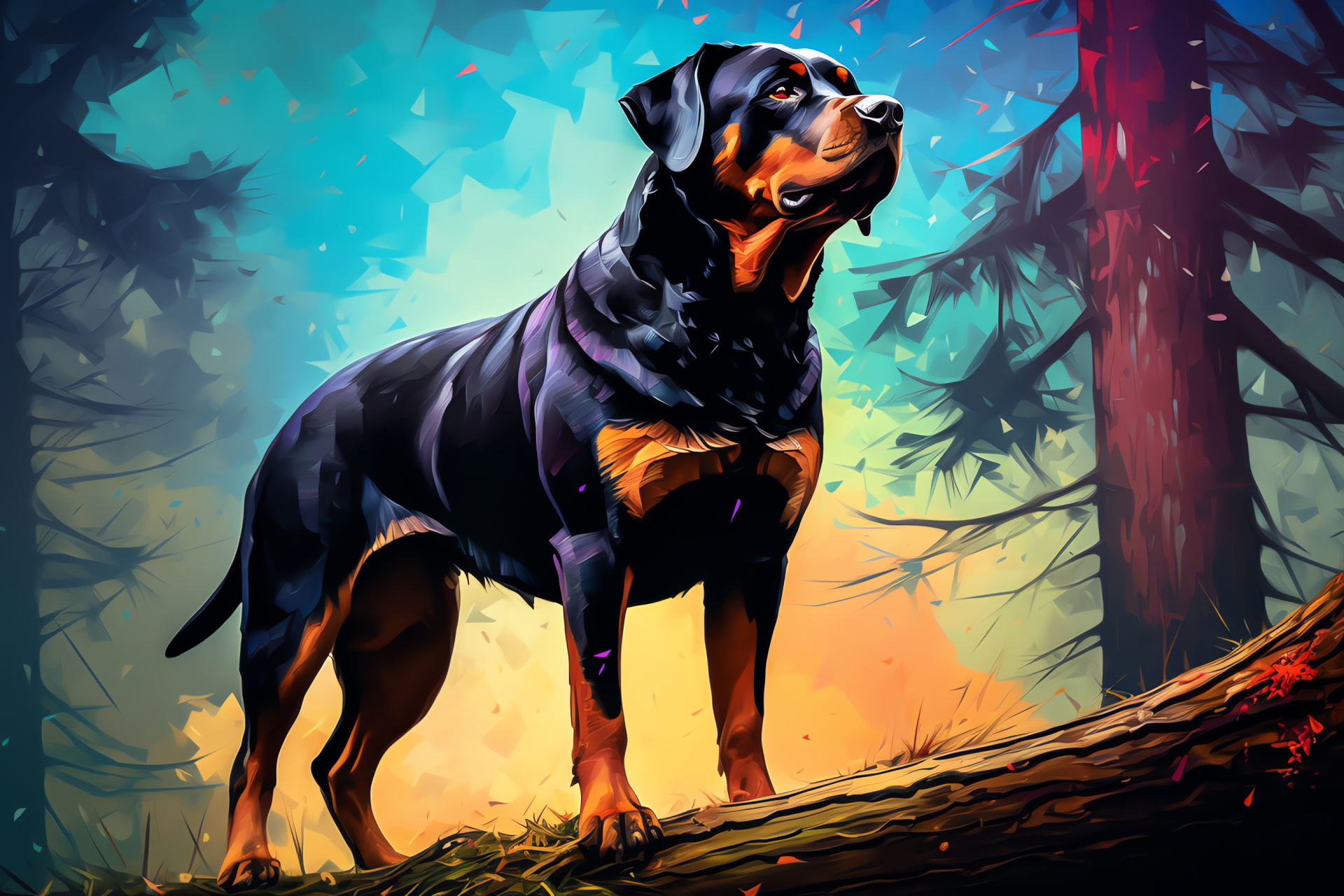 Rottweiler, powerful stance, muscular build, glossy black and tan coat, brown eyes, full-length stance, HD Desktop Image