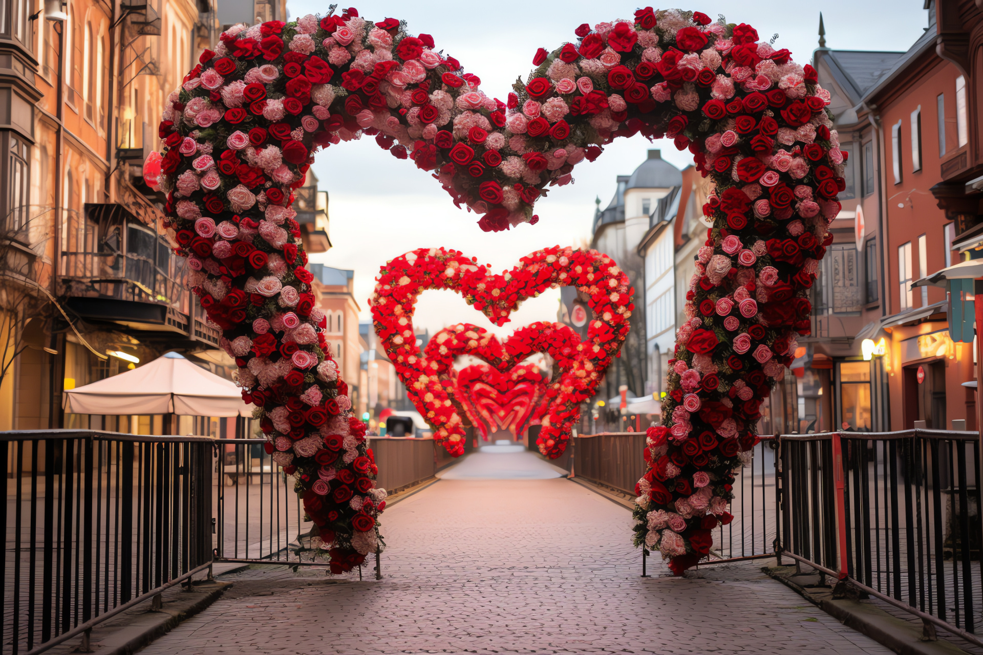 Urban romance, Valentine's decor, Flower symbolism, Festive avenue, Commercial establishments, HD Desktop Wallpaper