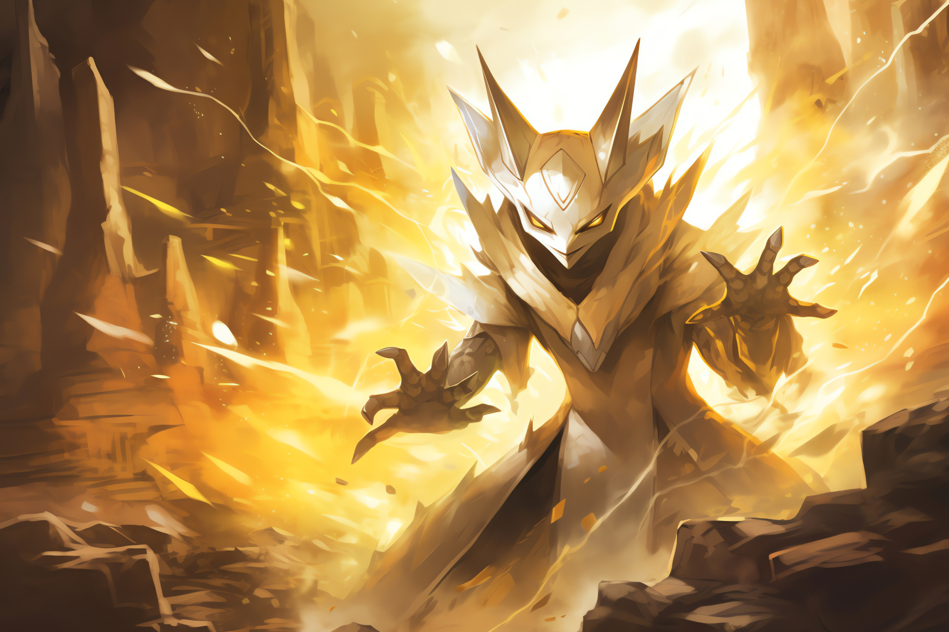 Mega Alakazam, gaming ruins, mystical levitation, silver cutlery, telekinetic prowess, HD Desktop Wallpaper