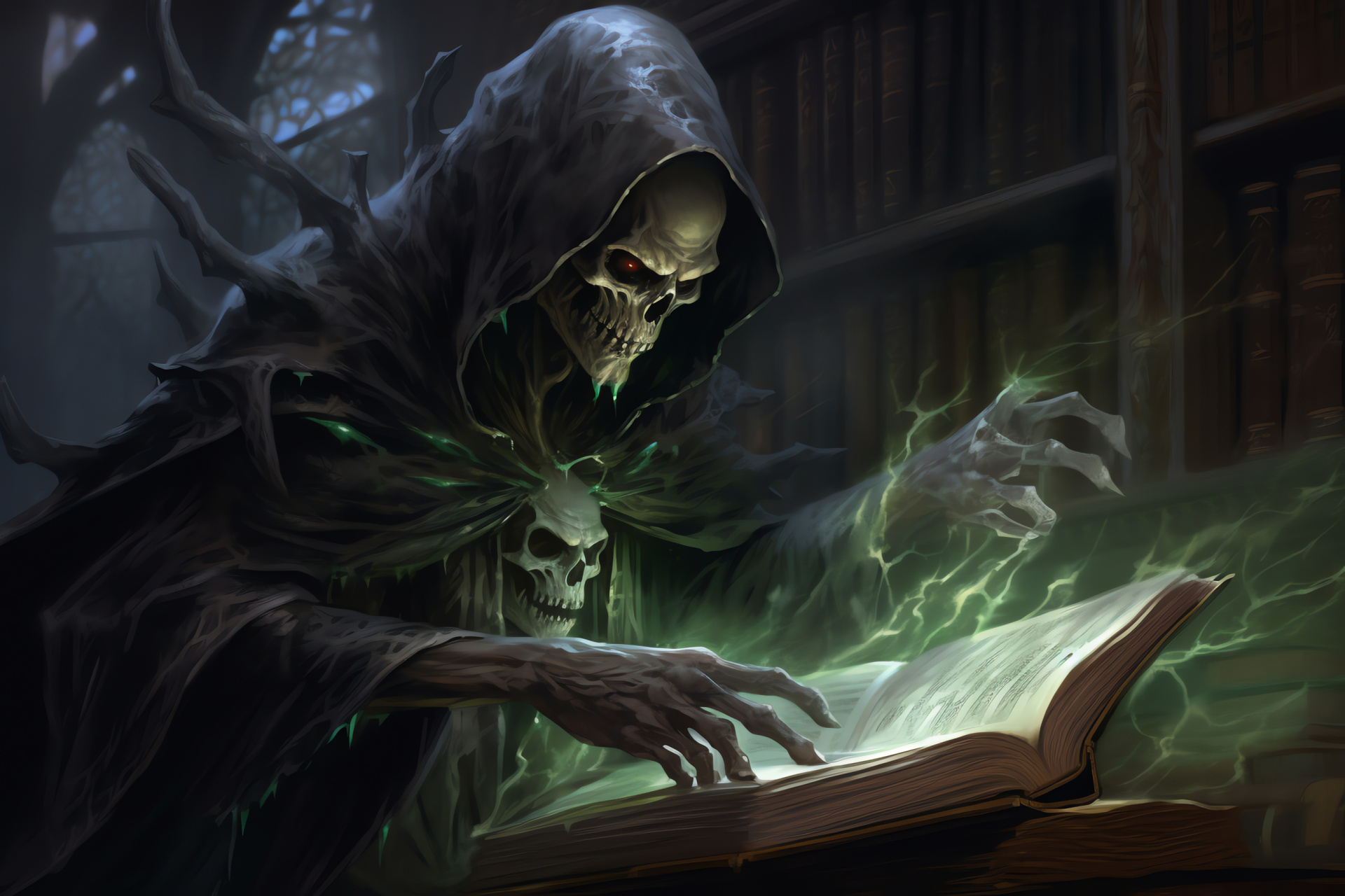 Undead Warlock Library, Forbidden Knowledge, Heavy Book of Spells, Dark Magic, Undercover Environment, HD Desktop Wallpaper