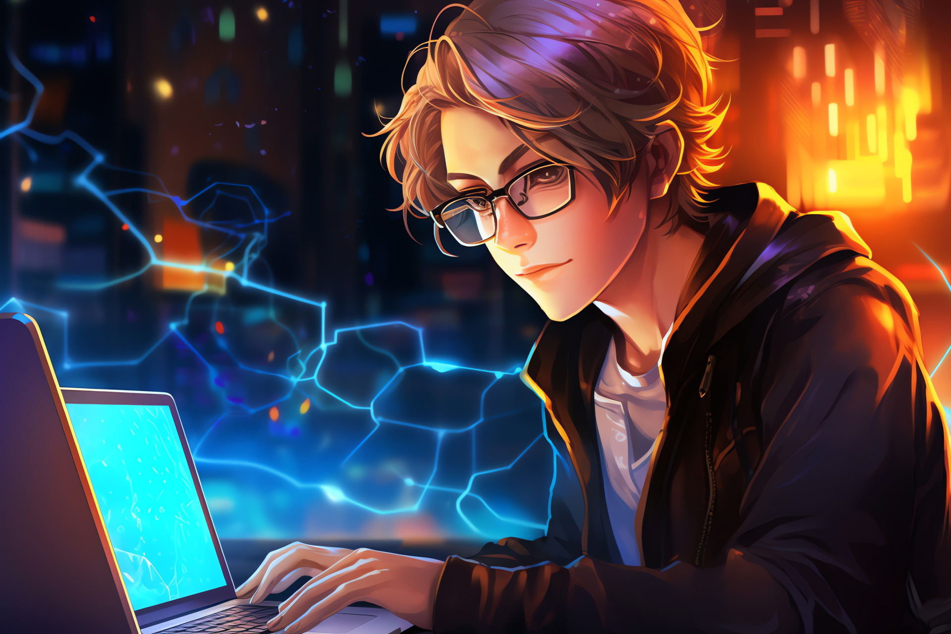 Mystic Messenger character, Secretive hacker, Virtual interactive game, Technological graphics, Coding visuals, HD Desktop Wallpaper