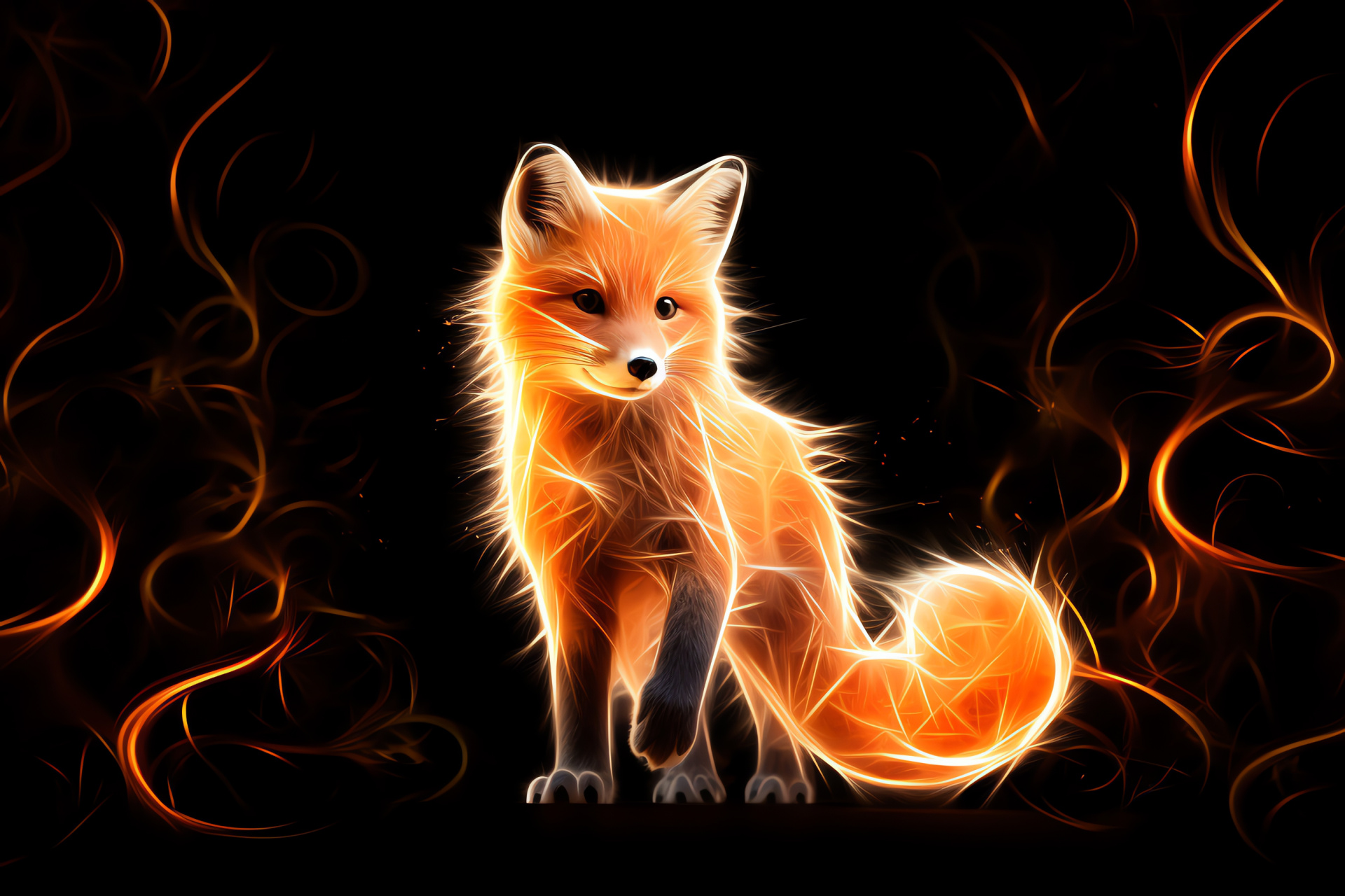 Vulpine paw impression, Full fox view, Luminous backdrop patterns, Bright orange fur, Cunning expression, HD Desktop Image