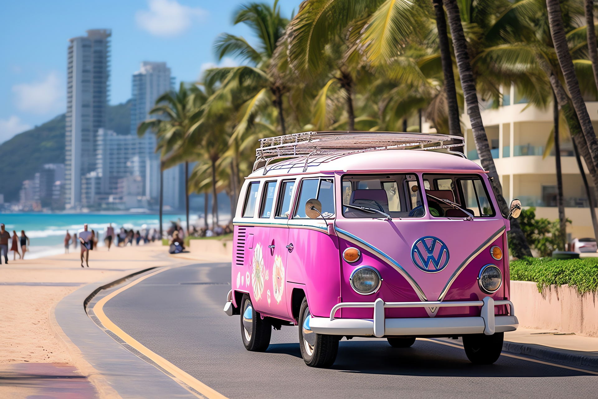 Pink Volkswagen van, Brazilian spirit, Beachfront street culture, Copacabana scenes, Tropical cityscape, HD Desktop Wallpaper