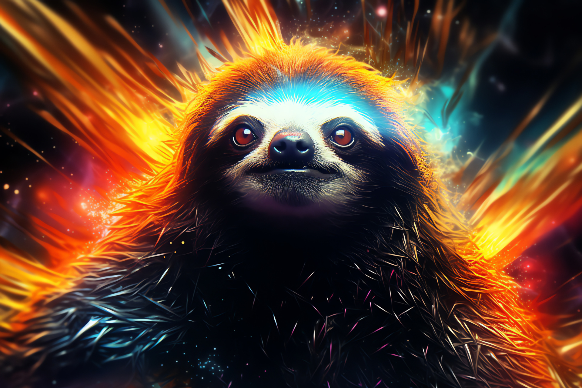 Galactic Sloth figure, Orange-eyed space creature, Jet-black cosmos fur, Dark pulsar clusters, Deep space illusion, HD Desktop Image