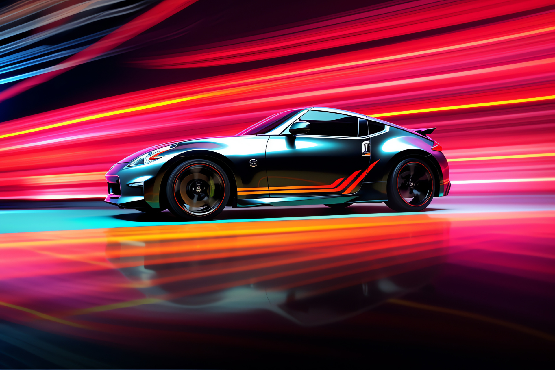 Nissan 370Z neon spectacle, Enthralling vehicle display, Neon colors illumination, Glowing automotive lines, High-angle 370Z, HD Desktop Image