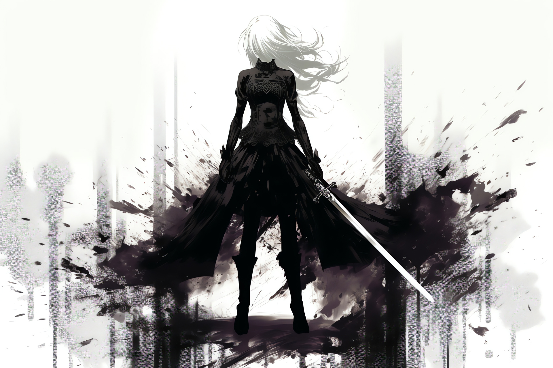 Nier Gestalt hero, Determined look, Science fantasy blade, Graphical artwork, Interactive gaming experience, HD Desktop Image