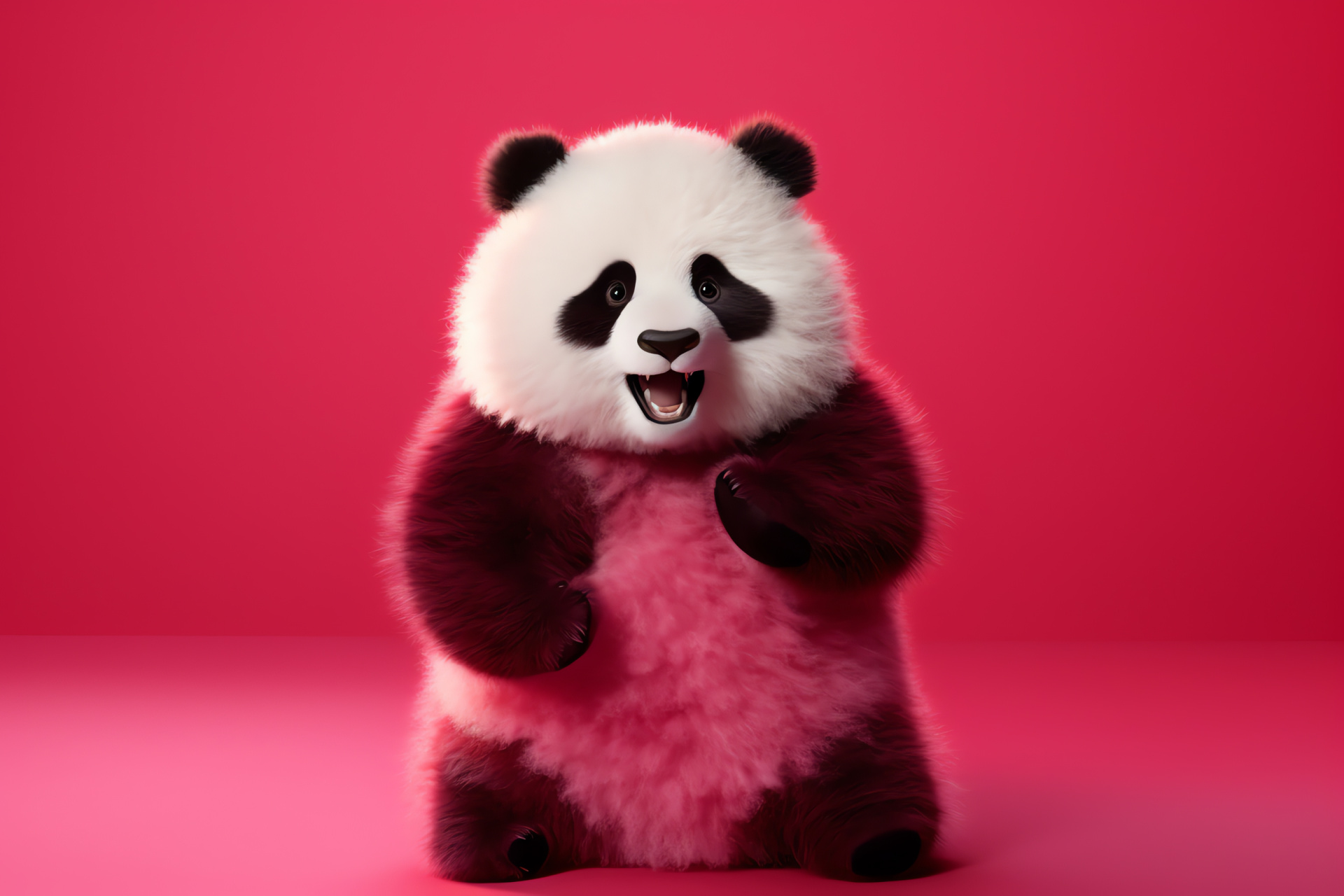 Carnivore panda variant, vibrant pink plush, cherry red square, upbeat fauna mood, dynamic nature, HD Desktop Wallpaper