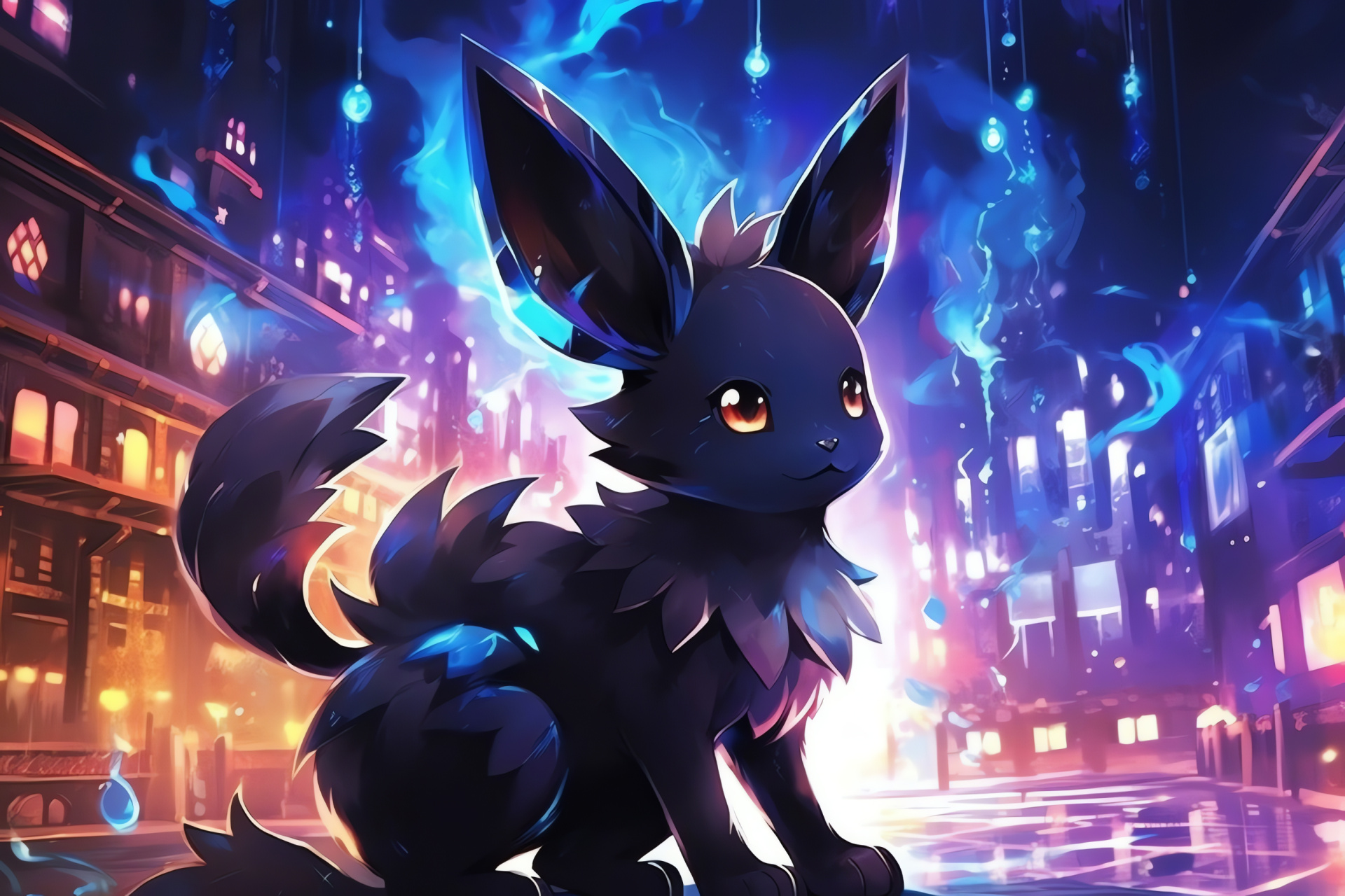 Gaming icon Umbreon, Pokemon nocturnal creature, City lights backdrop, Star-shaped motifs, Night adventure, HD Desktop Wallpaper