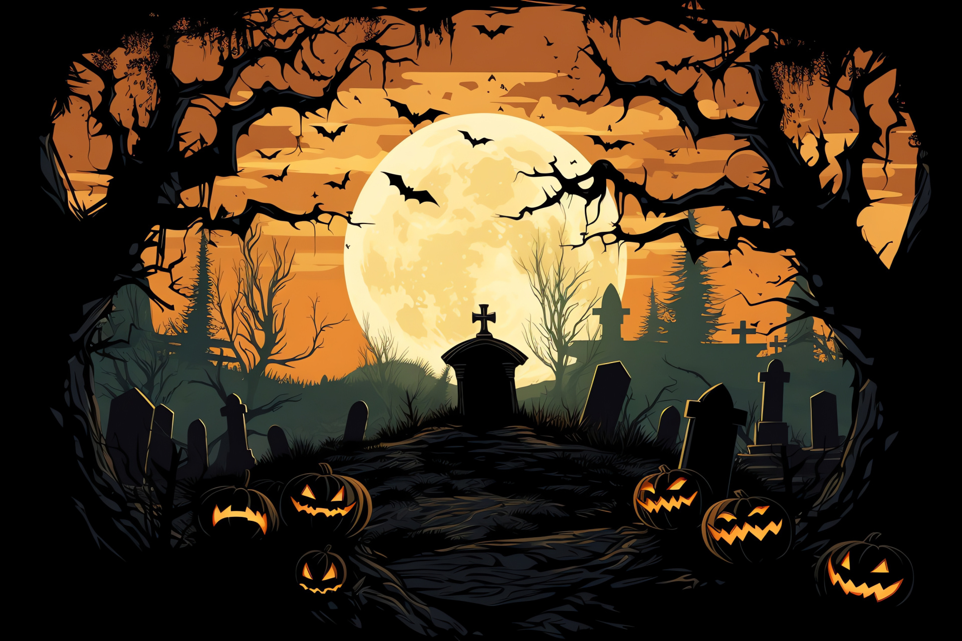 Eerie Halloween full moon night, Graveyard with tombstones, Carved jack-o'-lanterns among graves, Spooky October ambiance, Haunted holiday spirit, HD Desktop Image