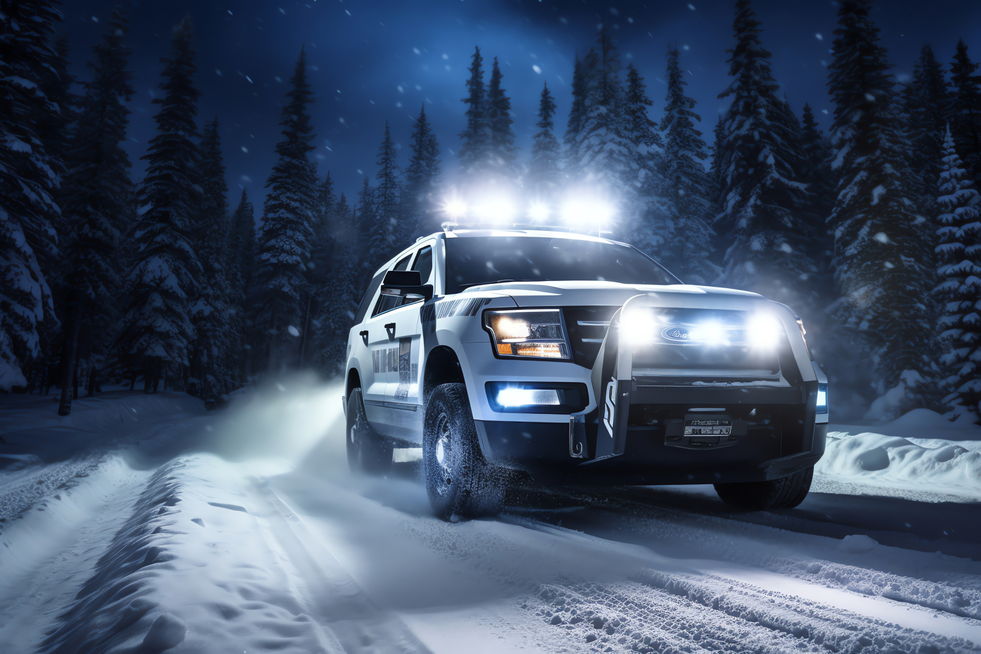 Police SUV, Mountain patrol, Winter conditions, Emergency lights, Prepared for terrain, HD Desktop Image