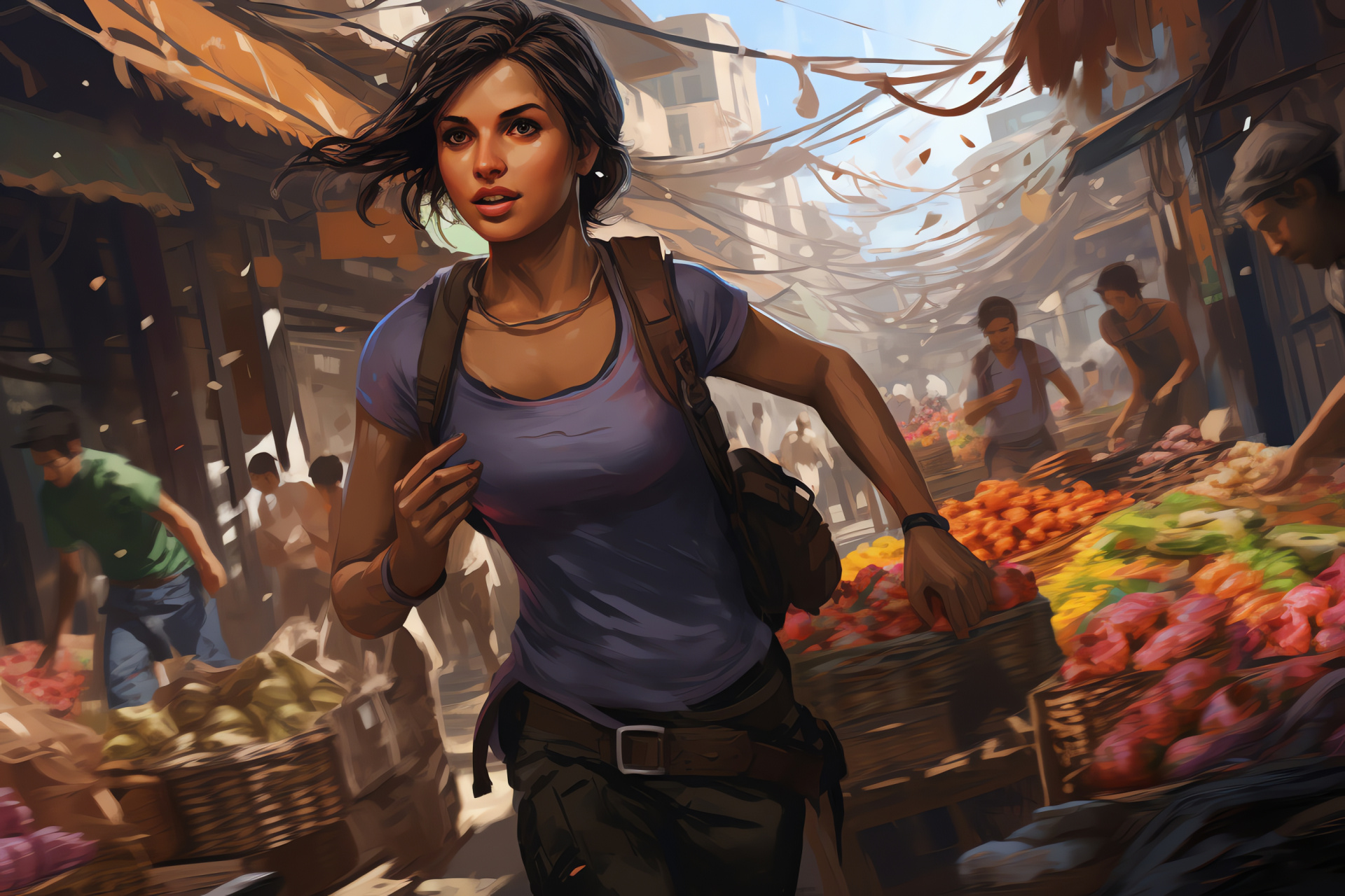 Globetrotter Chloe Frazer, Bustling bazaar, Prized relic, Merchant hues, Cultural immersion, HD Desktop Wallpaper