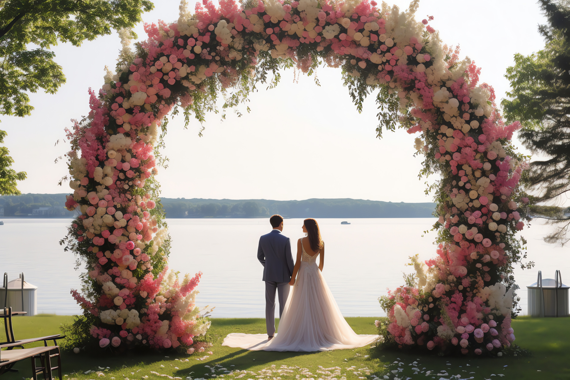 Marital day, Al fresco altar, Manicured turf, Waterfront setting, Scenic panorama, HD Desktop Wallpaper