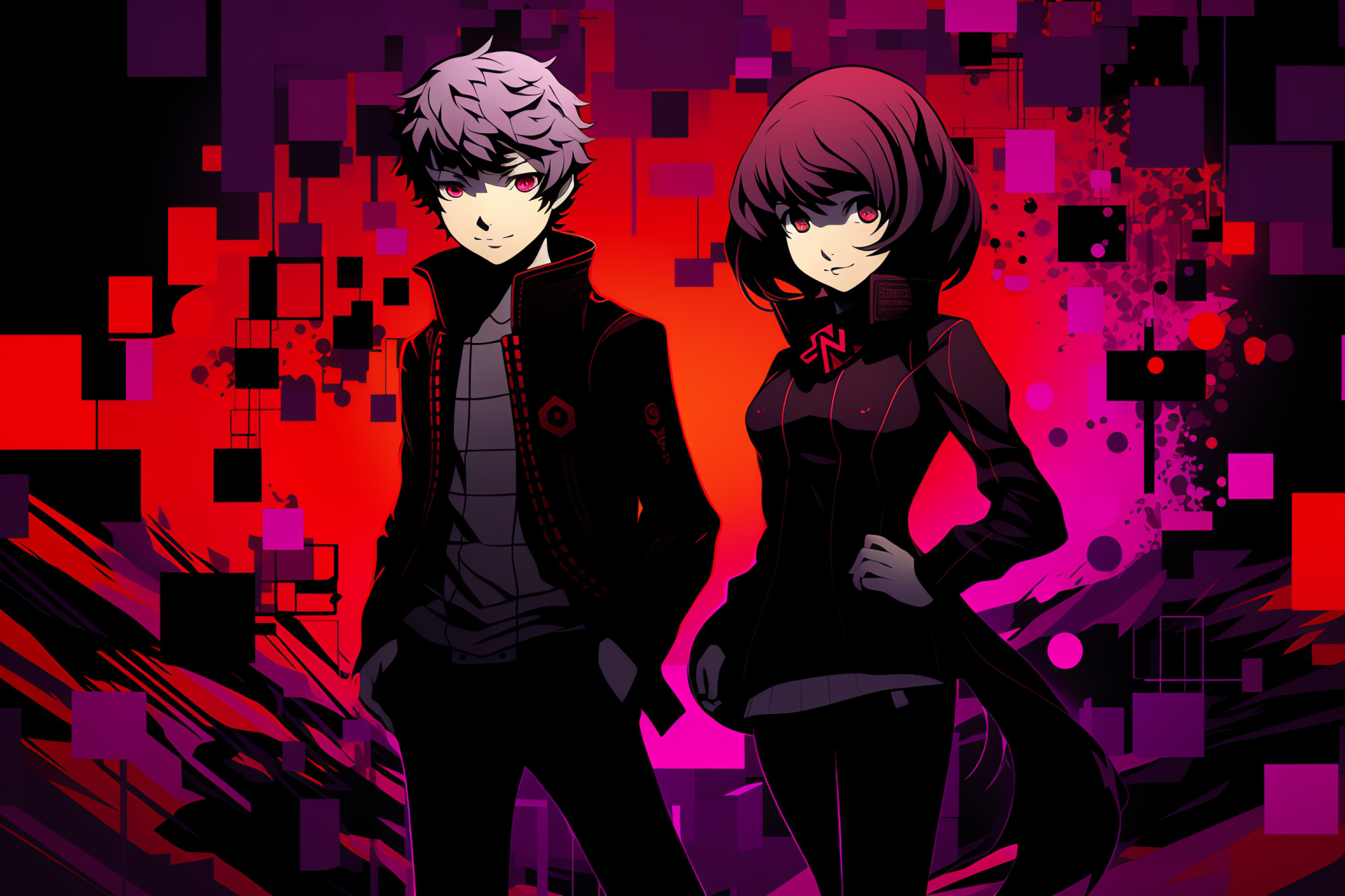 Persona Q protagonists, Mitsuru Kirijo's intelligence, Akihiko Sanada's firmness, JRPG characters, Engaging avatar eyes, HD Desktop Wallpaper