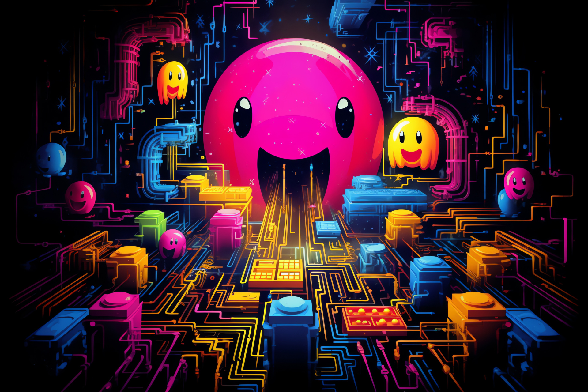 Pacman, Arcade classic, Ghost adversaries, Gaming nostalgia, Pixelated gameplay, HD Desktop Image