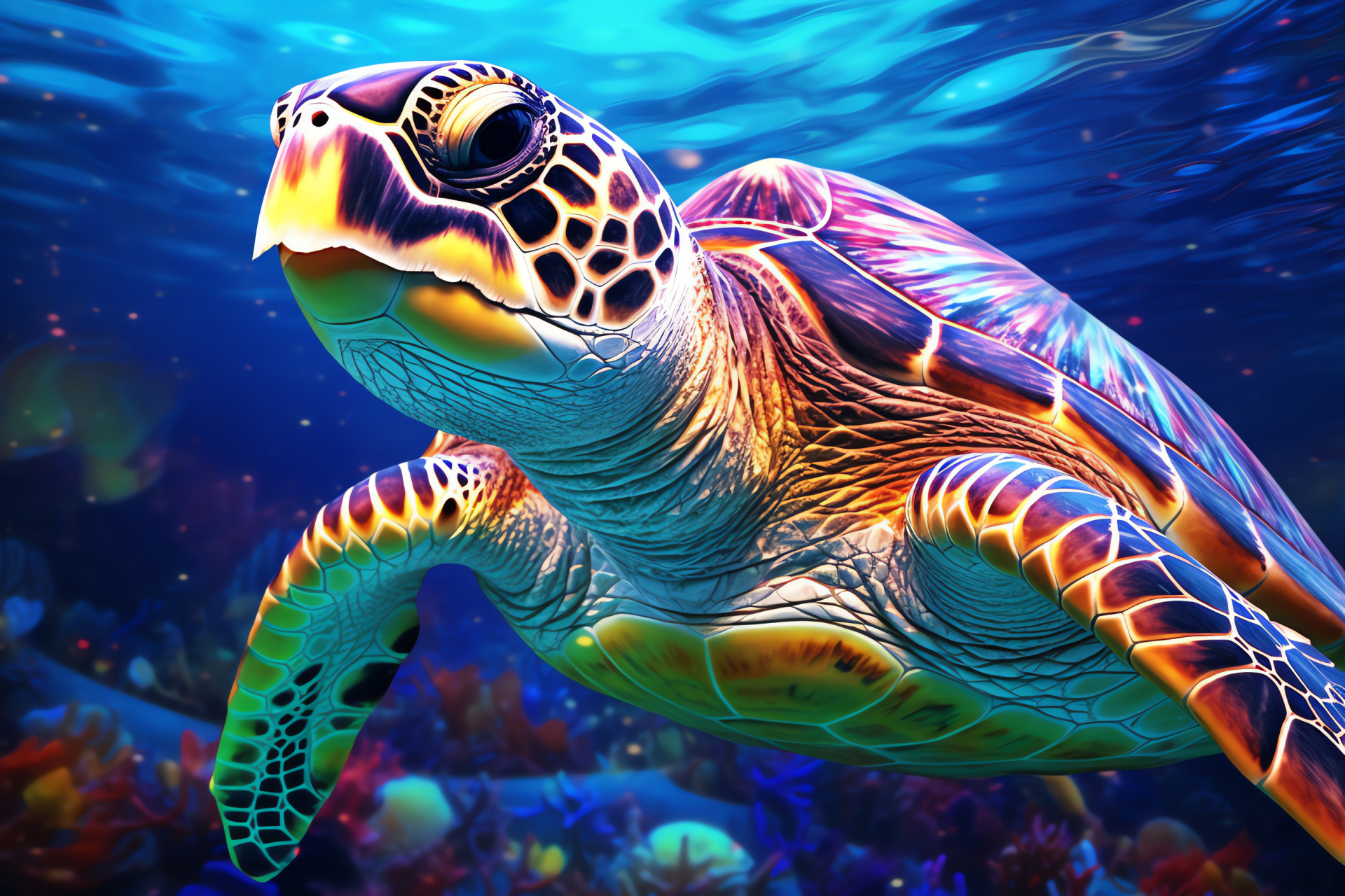 Sea turtle swimming, Oceanic habitat, Aquatic reptile, Dual-tone background, HD Desktop Wallpaper