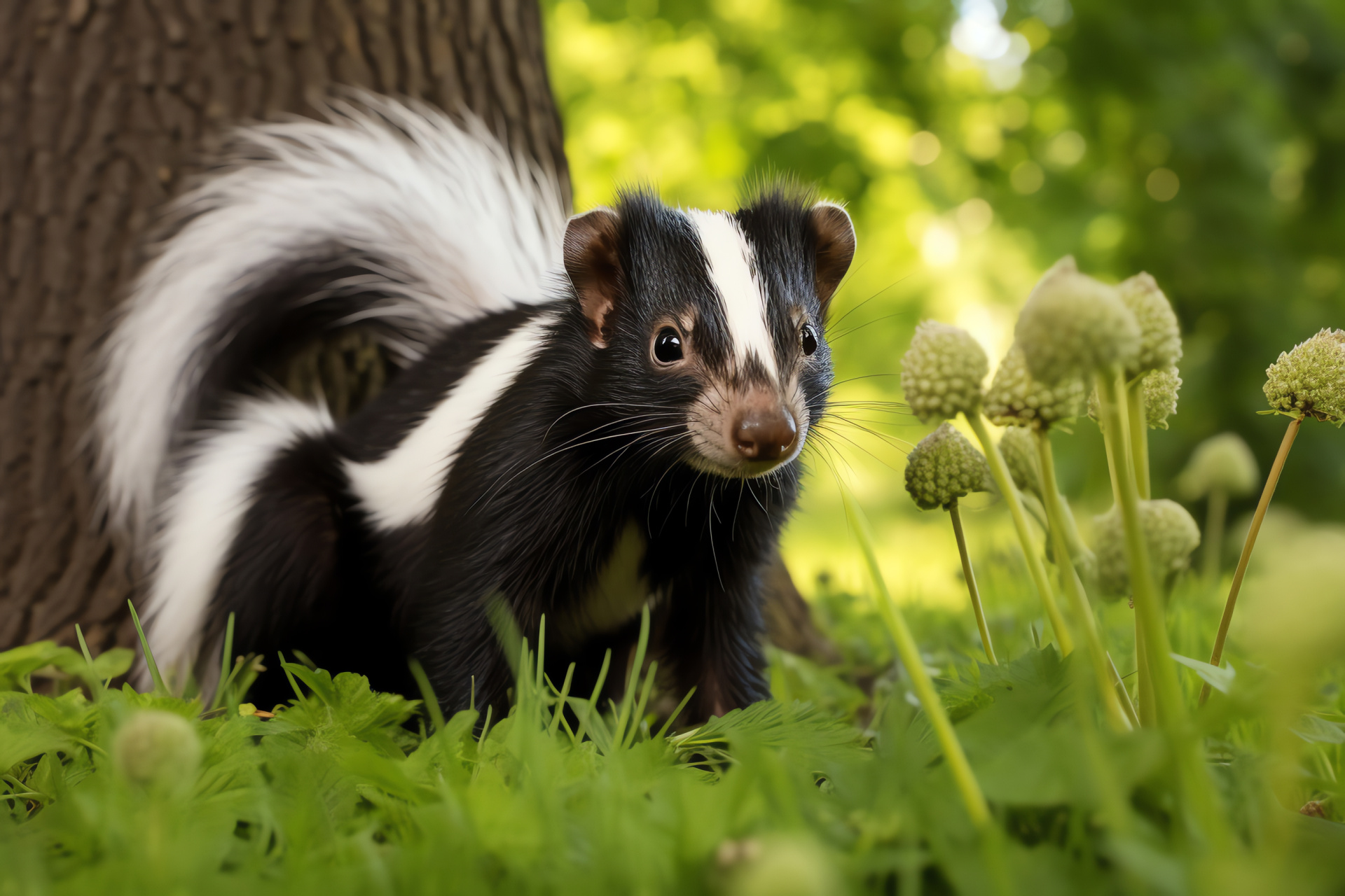 Senior Skunk, woodland creature, tranquil field, wildlife elder, rustic setting, HD Desktop Wallpaper