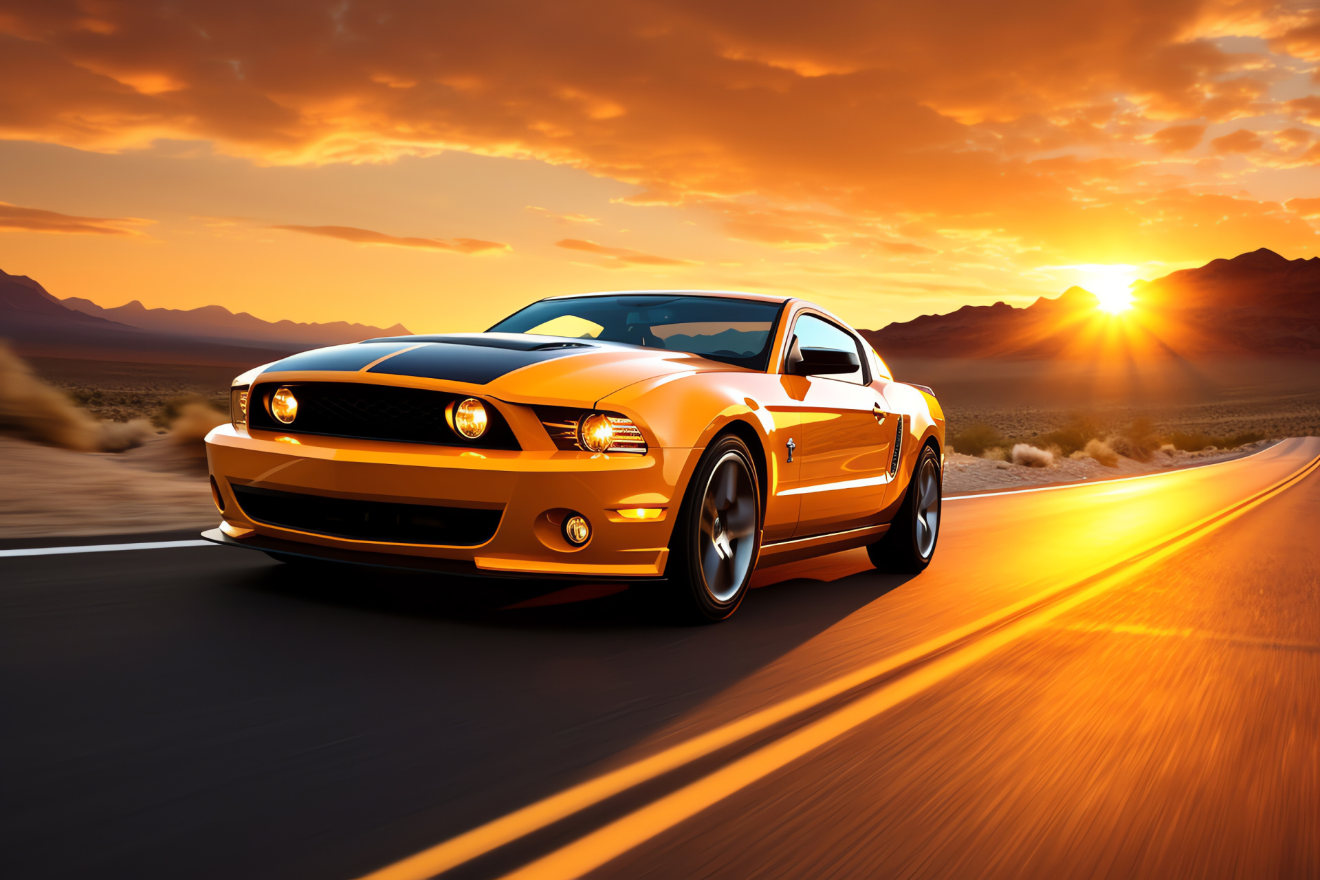 Ford Mustang cruising, Historic Route 66, Southwestern scenery, Sunset ambiance, Freedom on the highway, HD Desktop Wallpaper