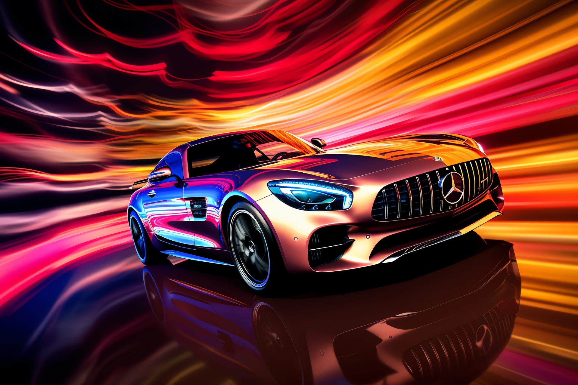 Mercedes-AMG GT, Top-down perspective, Luminous abstract patterns, Sportscar allure, HD Desktop Wallpaper