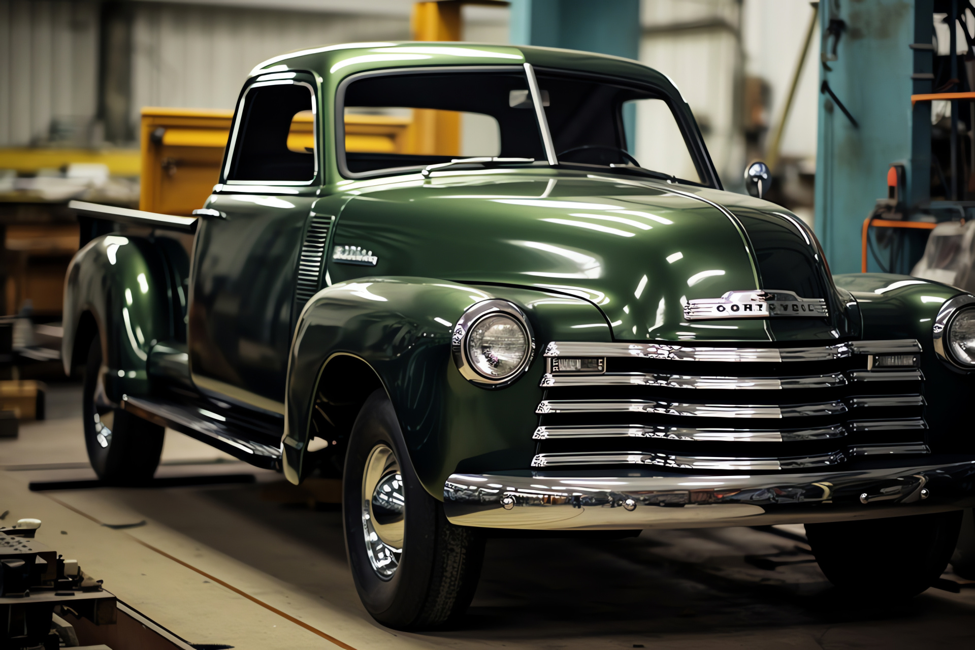 Restored Chevy pickup, Automotive restoration space, Engine enhancement, Paintwork renewal, Mechanical expertise, HD Desktop Wallpaper