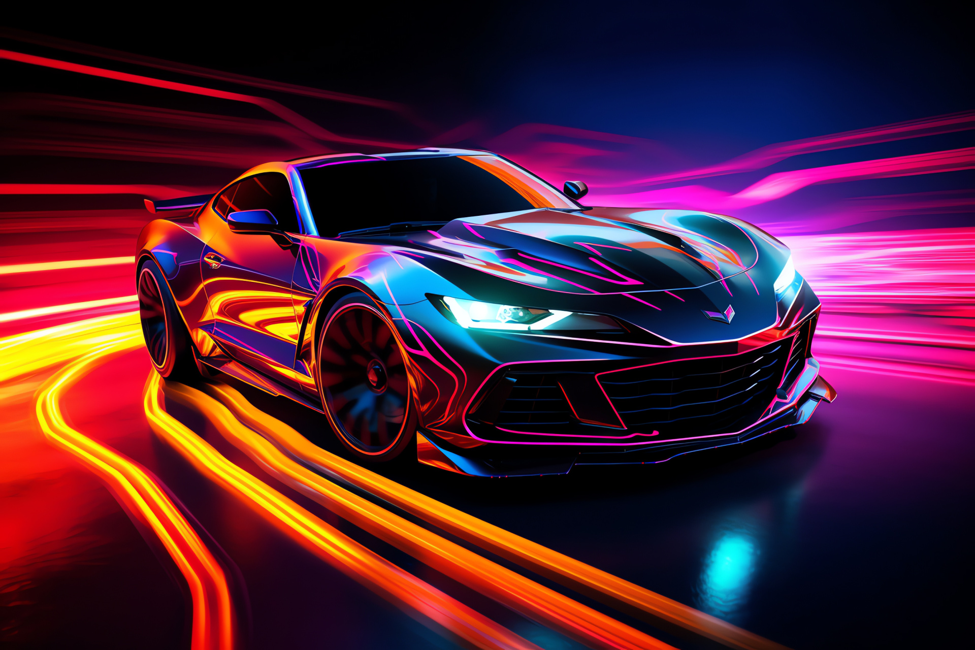 Neon car fantasy, elevated visual experience, luminous artistry, color spectacle, city night wonder, HD Desktop Wallpaper