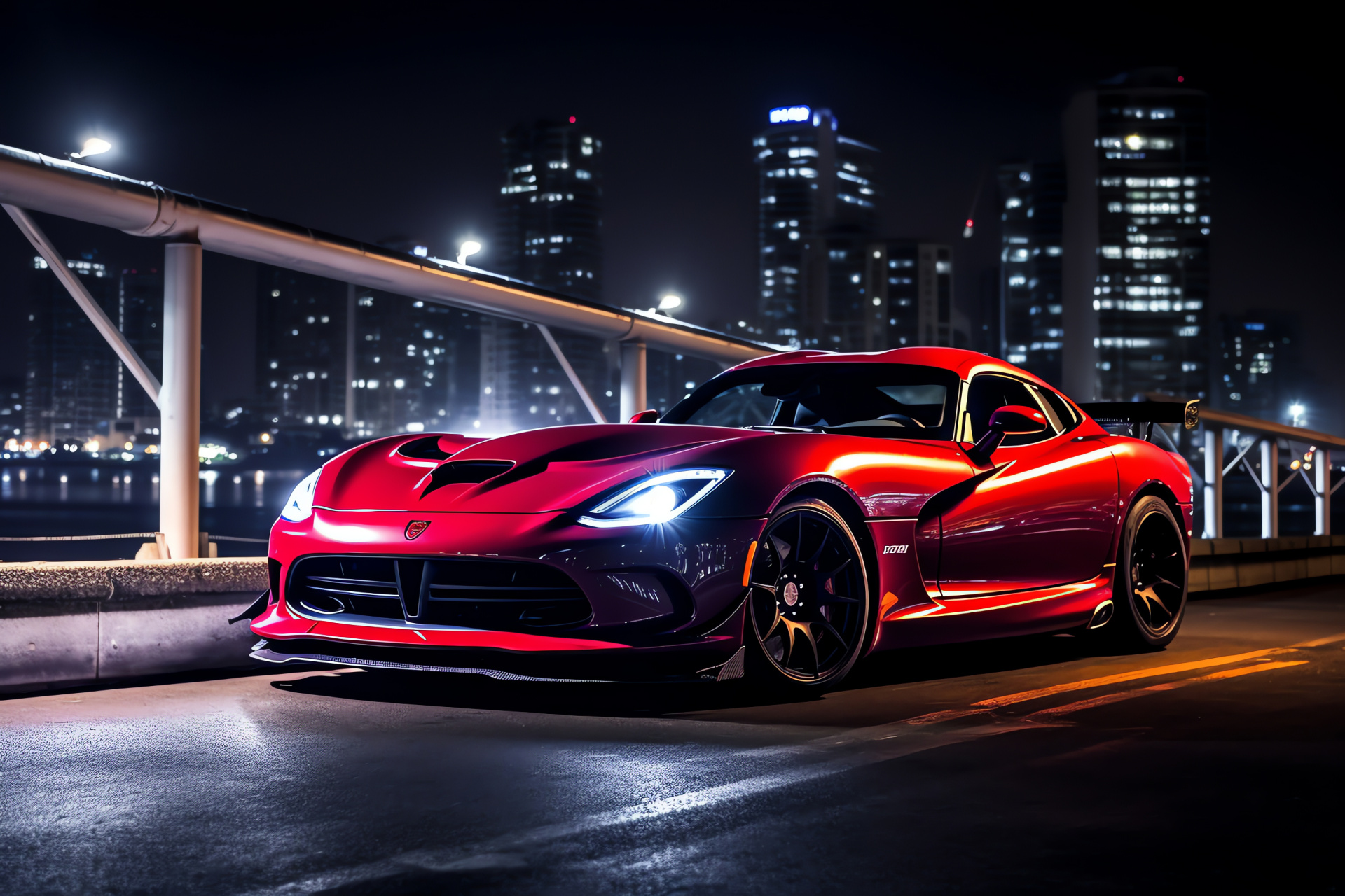 SRT Viper GTS-R, Metropolitan setting, High-performance vehicle, Race-inspired design, Street illumination, HD Desktop Image