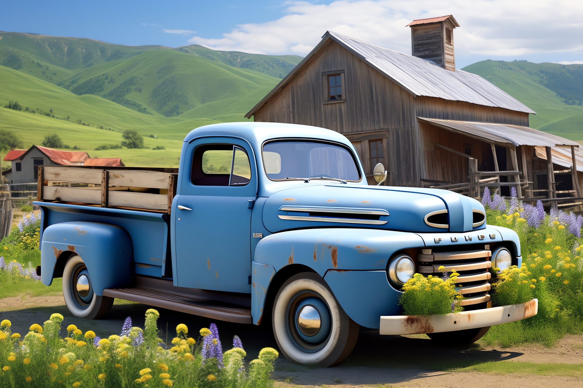 Classic Ford Pickup, Small-town America, Nostalgic farmstead, Hardwood cargo area, Weathered azure, HD Desktop Wallpaper