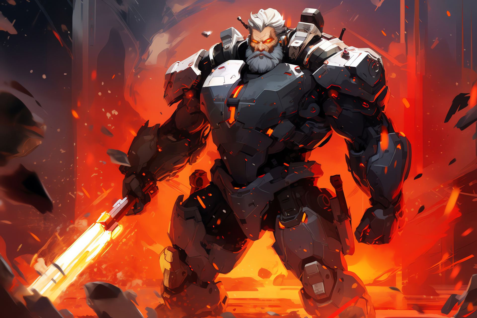 Tank hero Reinhardt, Overwatch protection, Barrier field, Crusader Armour, Formidable warrior, HD Desktop Image