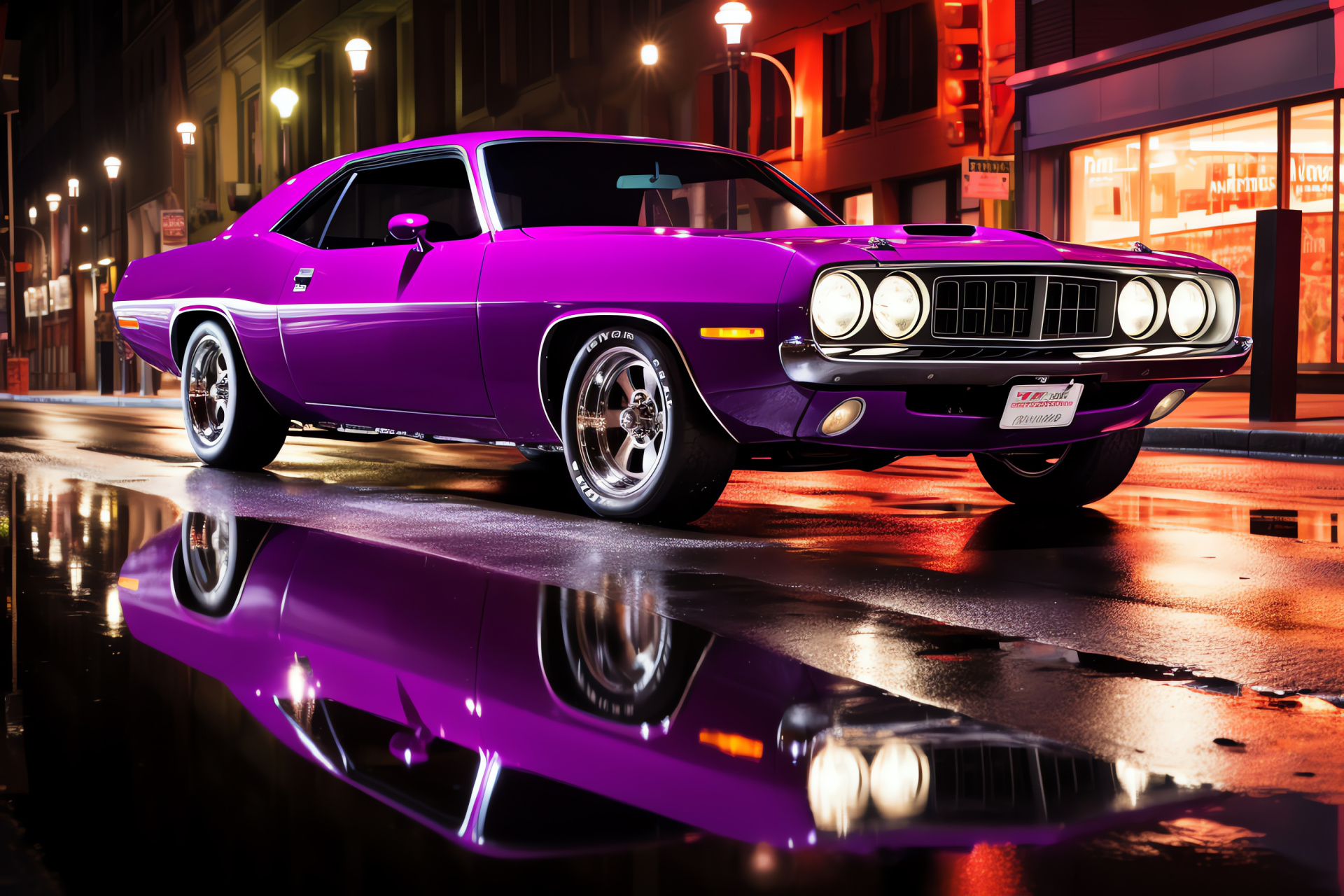 Plymouth Barracuda Hemi 426, City night drive, Neon urban environment, Powerful classic car, Purple street glow, HD Desktop Image