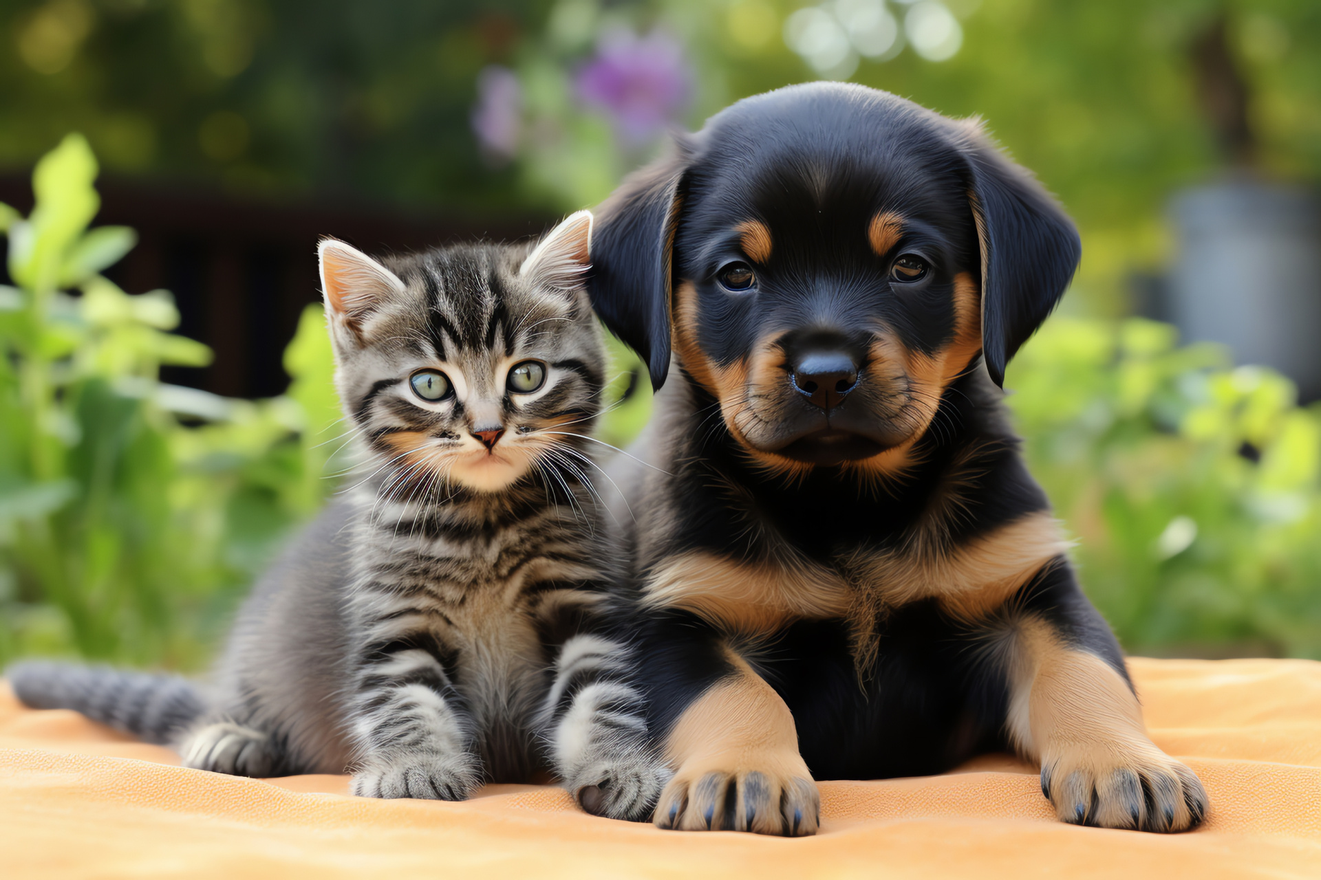 Rottweiler puppy and kitten, Playful sturdy canine, Soft striped feline, Gentle interaction, Striking animal pair, HD Desktop Wallpaper