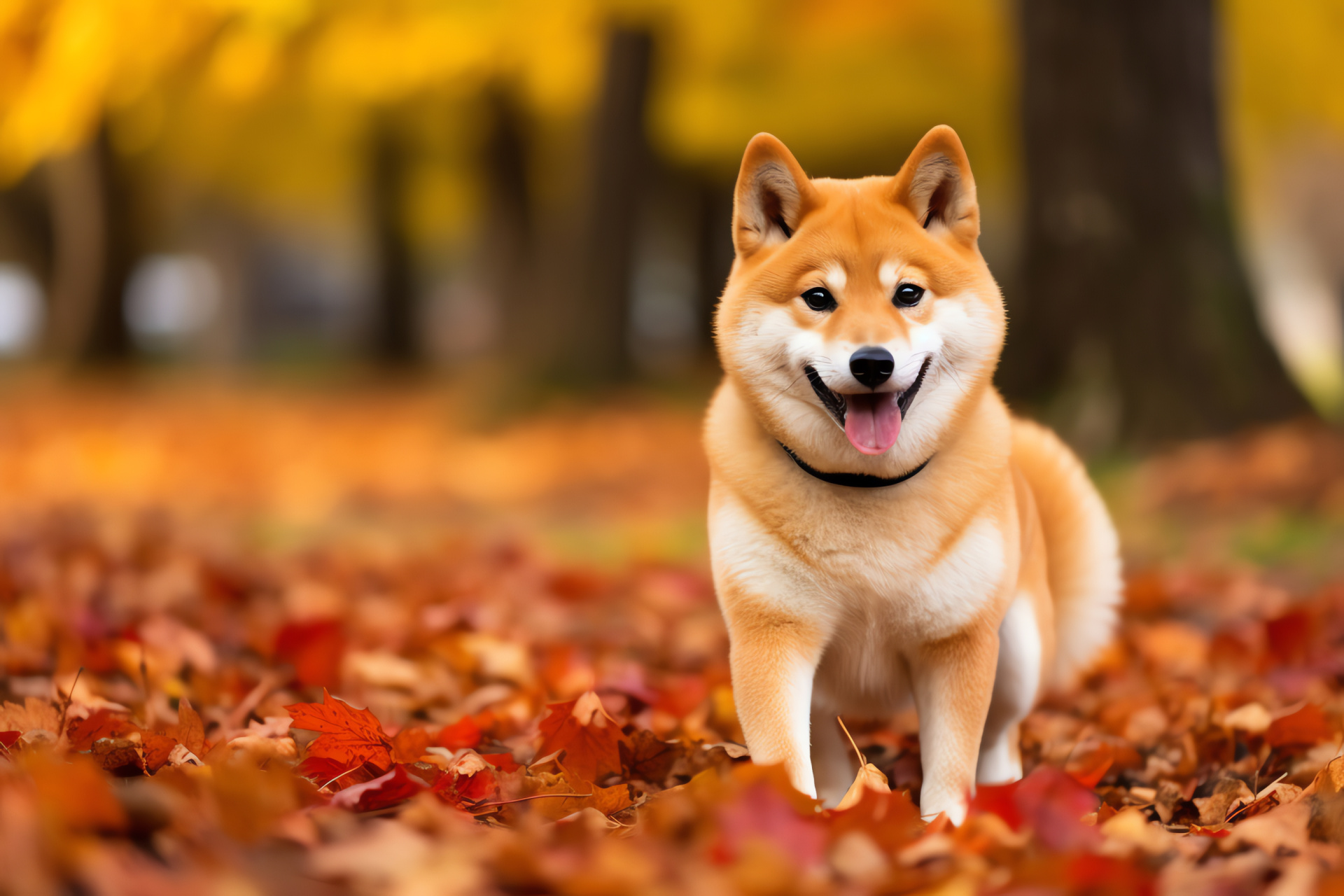 Shiba Inu autumn portrait, canine expression, thick layered coat, seasonal foliage, pet warmth, HD Desktop Image