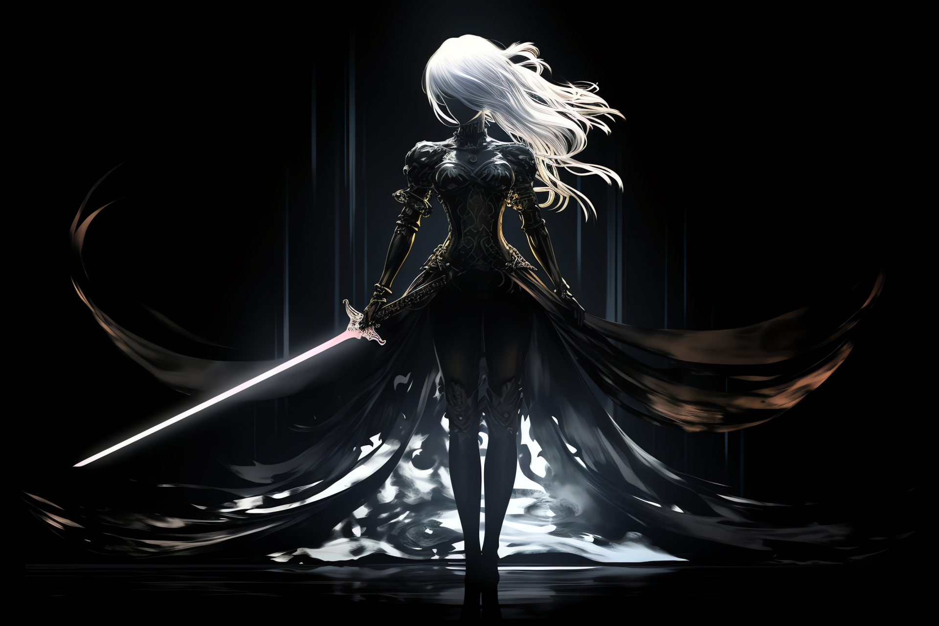 Nier expression, Red-eyed intensity, Illuminated blade, Dark backdrop, Gestalt presence, HD Desktop Wallpaper