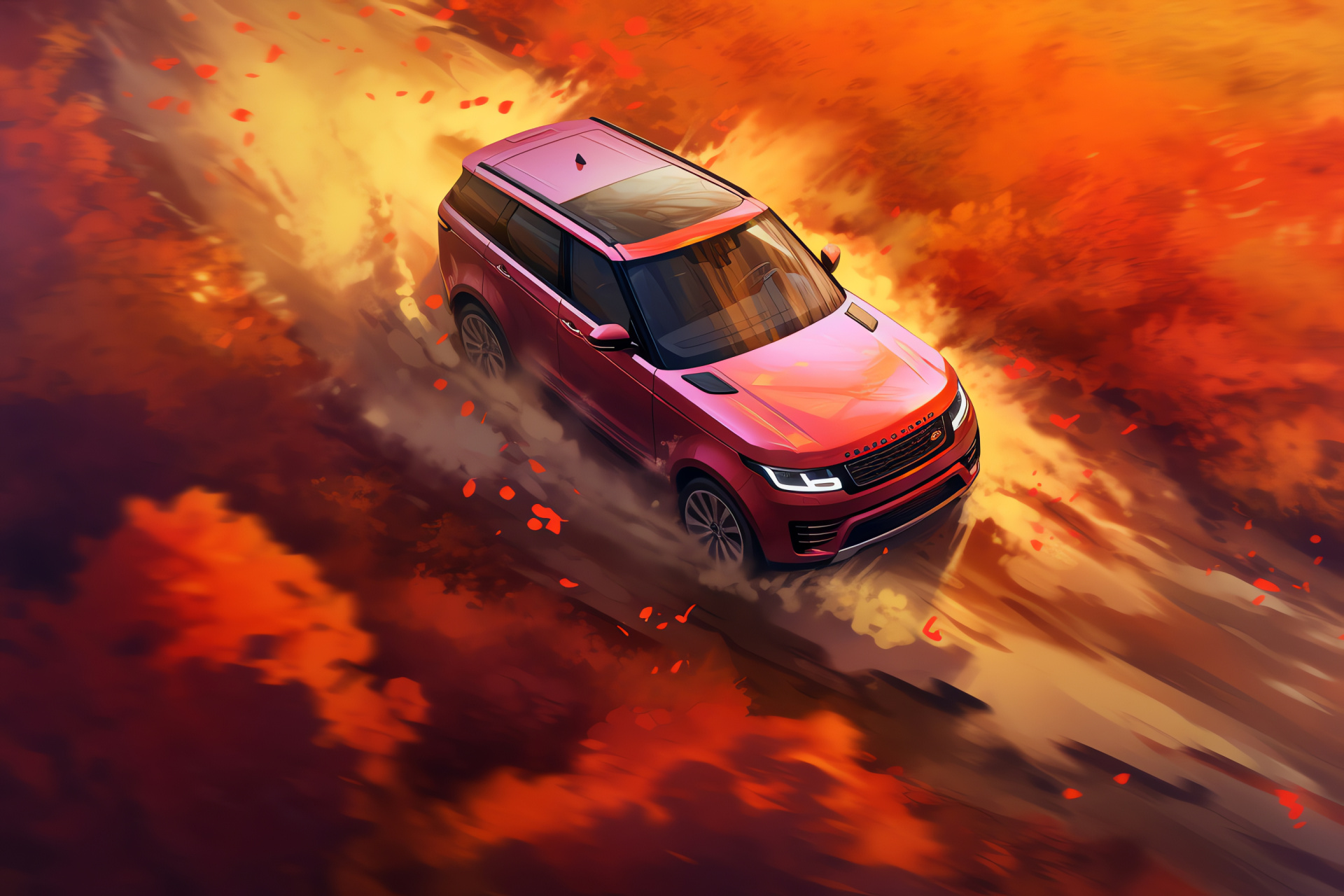 Range Rover Sport 2018, Fall Season Scenery, Overhead Shot, Red SUV Luxurious Style, British Design, HD Desktop Wallpaper