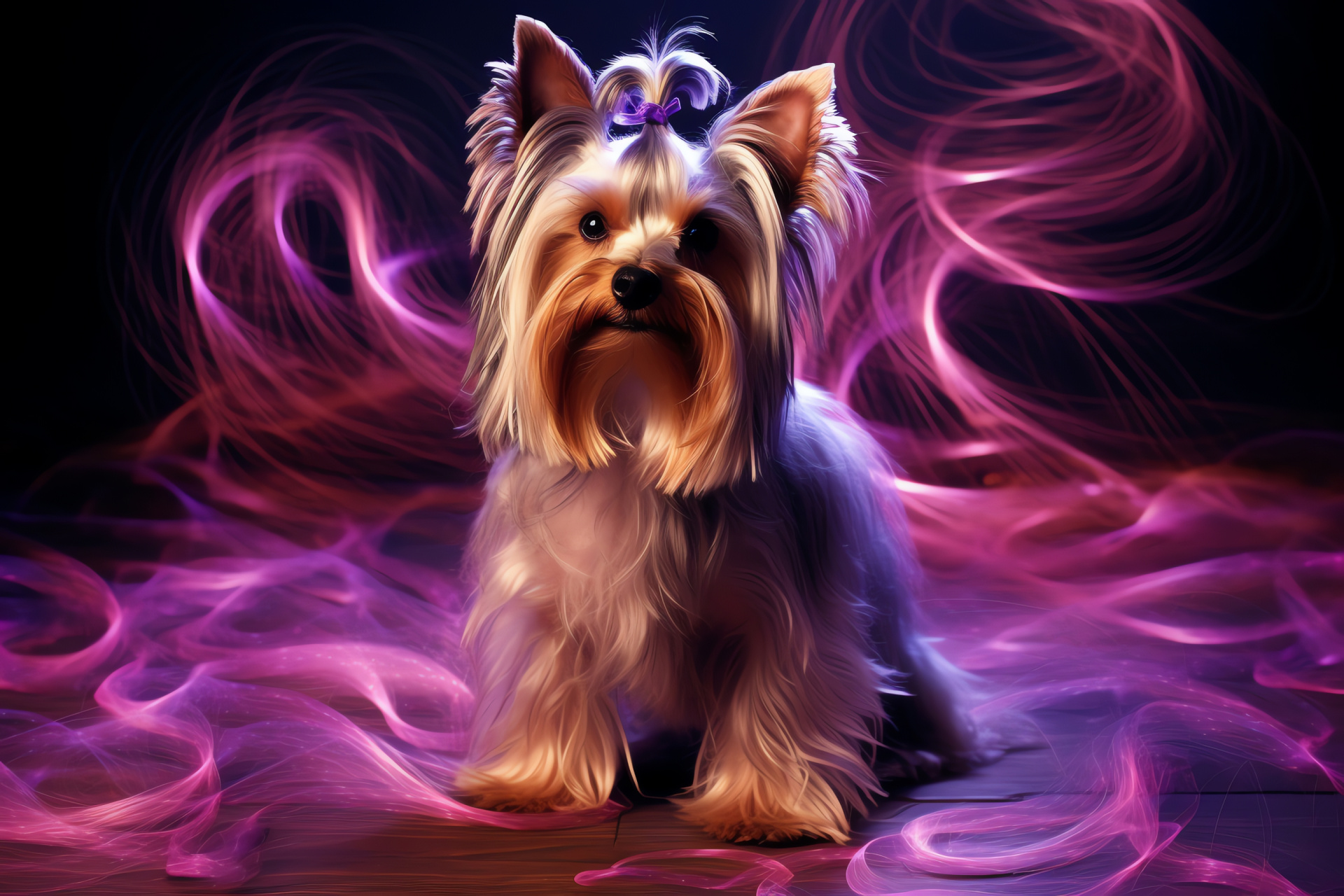 Yorkshire Terrier, Almond-shaped eyes, Violet abstract backdrop, Silver-tinted fur, Flowing silken hair, HD Desktop Image