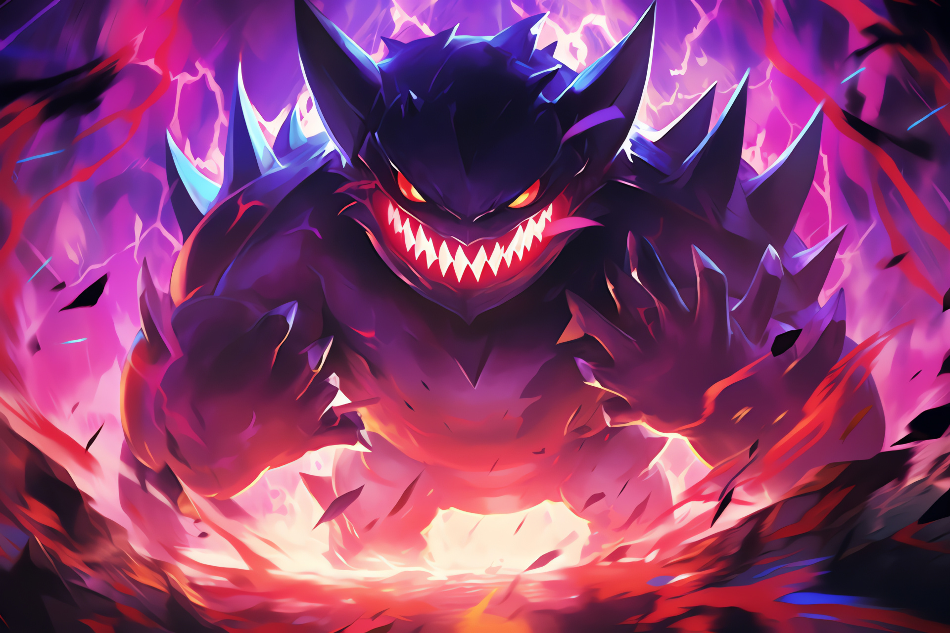 Pokemon Gengar evolution, Sinister purple aura, Dark color theme, Gamer's specter, Visual effect, HD Desktop Wallpaper