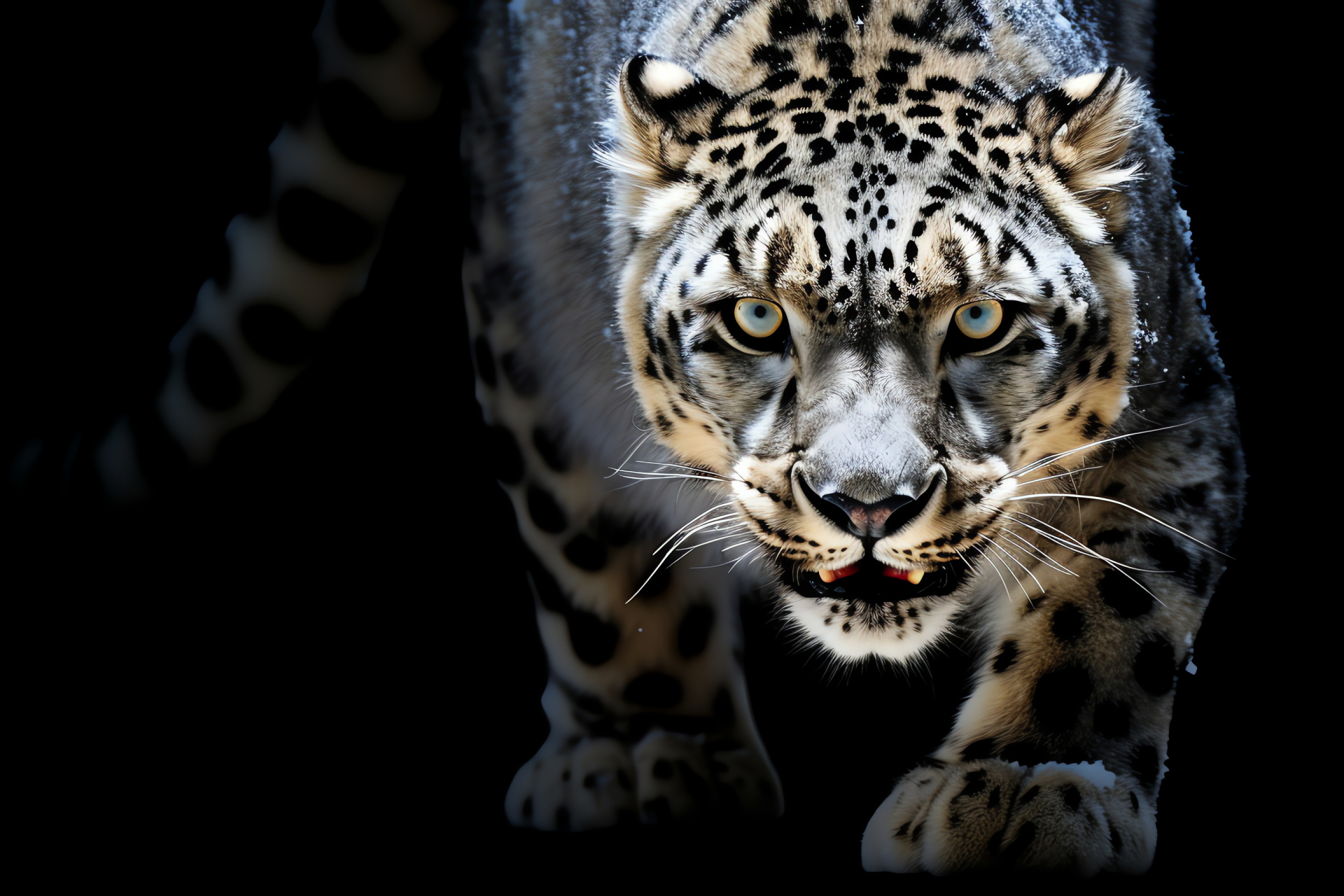 Snow Leopard stealth, midnight black fur contrast, enigmatic feline bearings, high altitude wildlife, HD Desktop Image