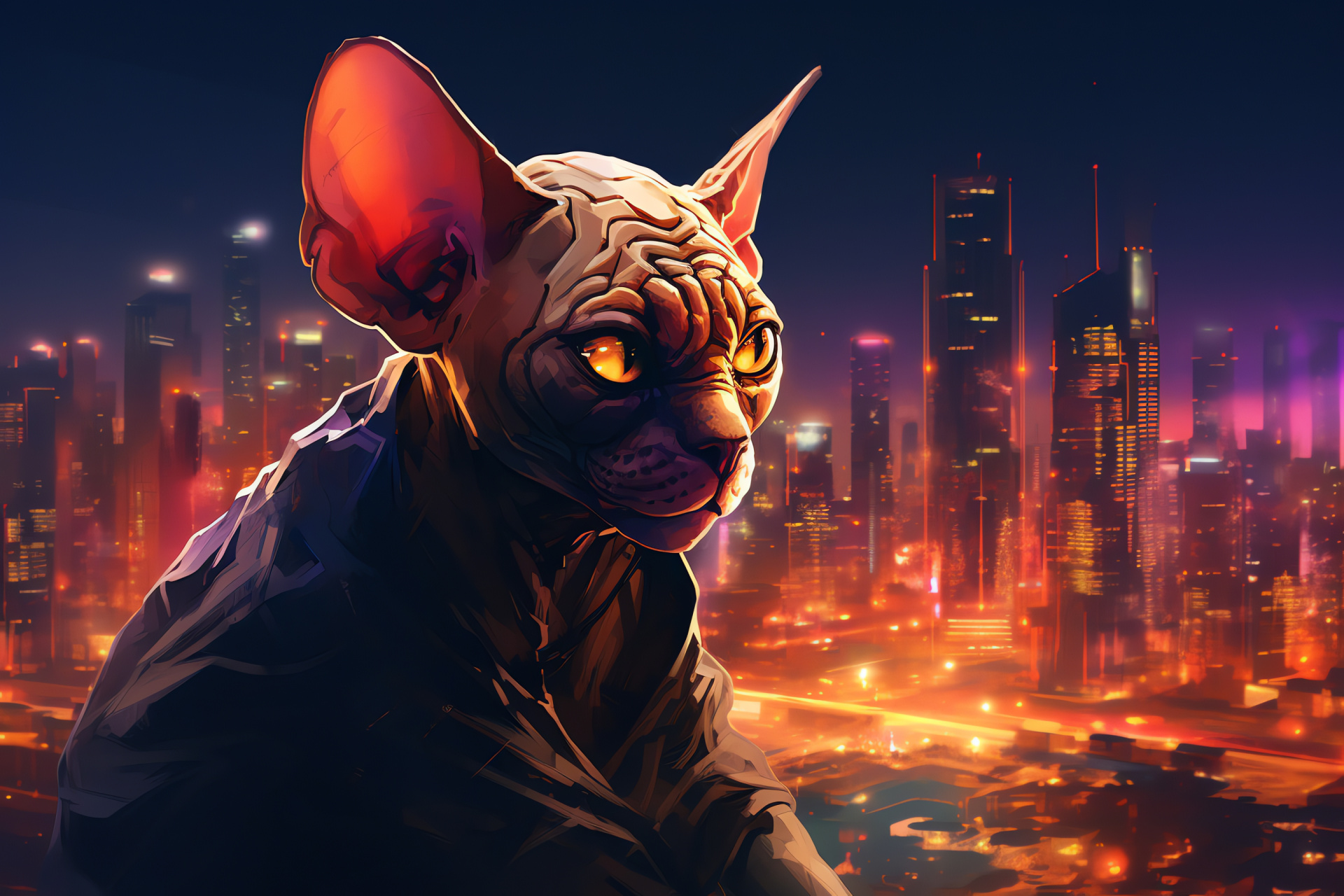 Sphynx Cat, feline muscularity, ember-eyed, urban neon lifestyle, metropolitan nocturnal ambiance, HD Desktop Image