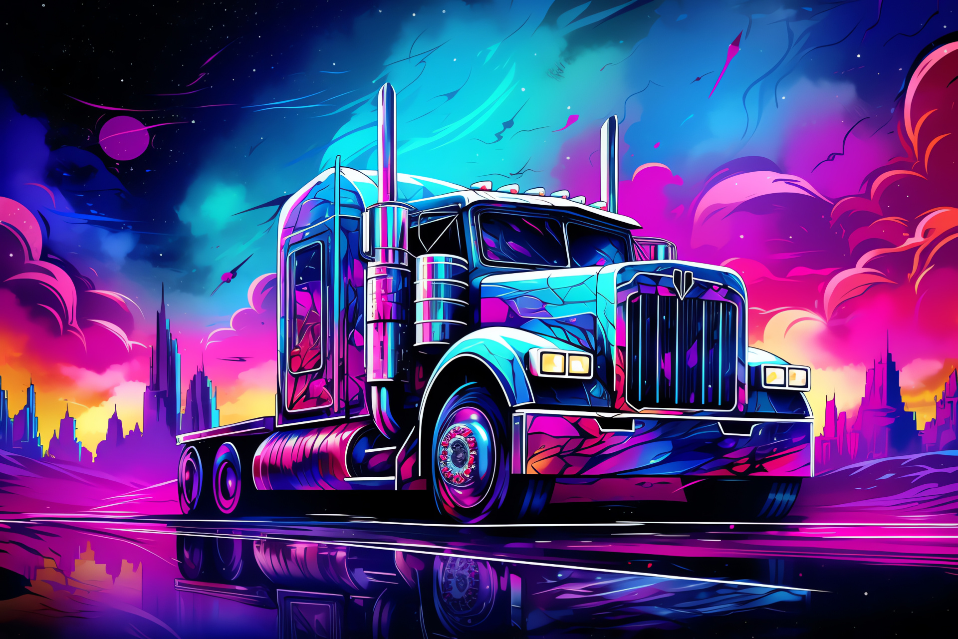 Peterbilt brand representation, Alien world setting, Virtual truck illustration, Cyberpunk visuals, Geometric hue matrix, HD Desktop Wallpaper