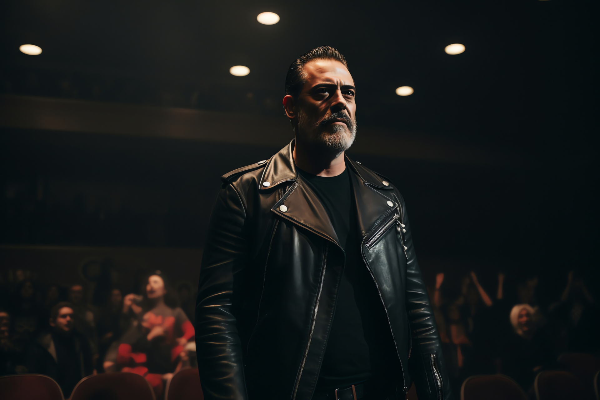 Negan, Jeffrey Dean Morgan, Charging scene, Theater setting, Post-apocalyptic world, HD Desktop Wallpaper