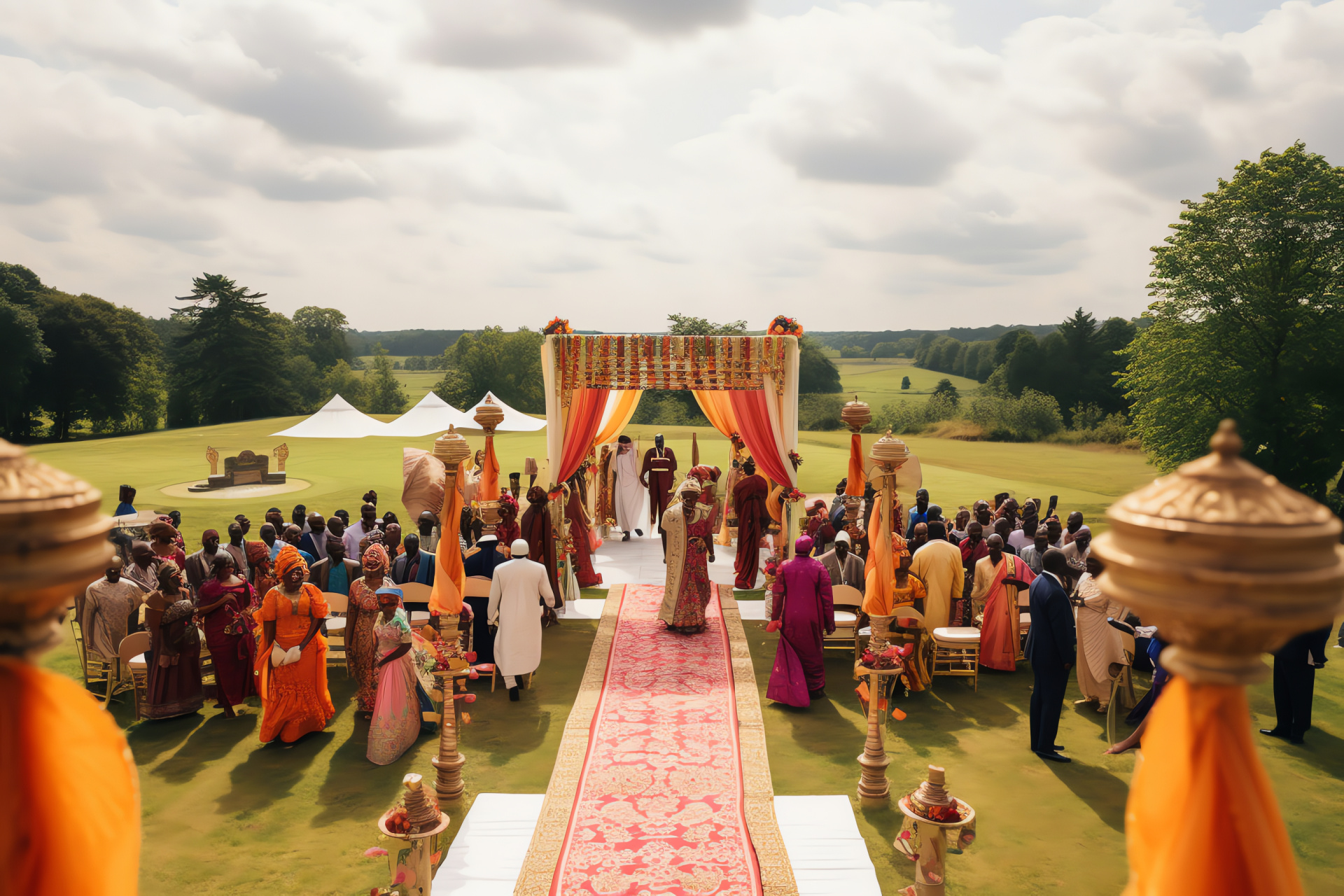 Nigerian wedding celebration, Bridal gele, Outdoor festive decor, Traditional ceremony, Cultural attire, HD Desktop Wallpaper