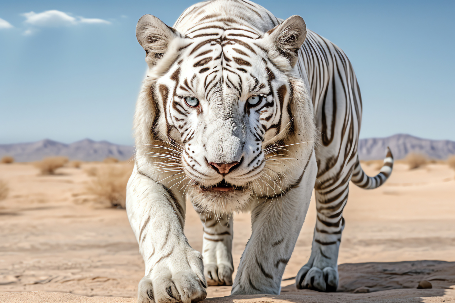 Wild cat, panoramic display, arid terrain, jeweled oculars, detailed striping, HD Desktop Wallpaper