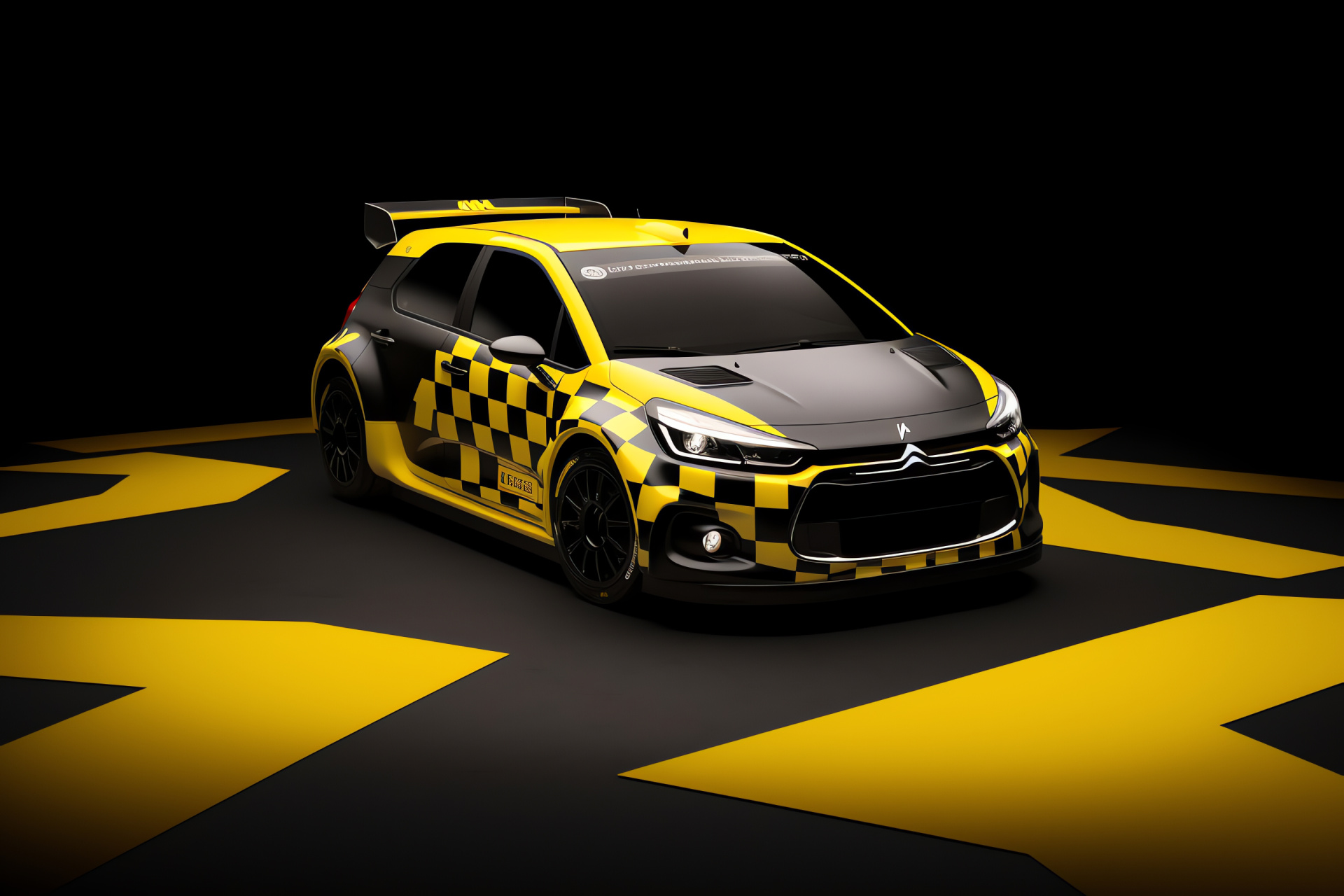 Citron DS3 WRC car rally, Iconic race vehicle, Two-tone contrast backdrop, Automotive elevation shot, Rally color scheme, HD Desktop Wallpaper