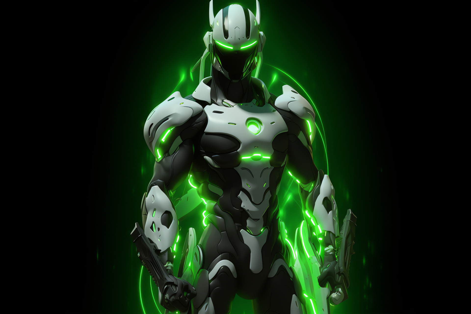 Overwatch Genji in combat, cybernetic precision, high-tech ninja, vibrant glowing depiction, action showcase, HD Desktop Image